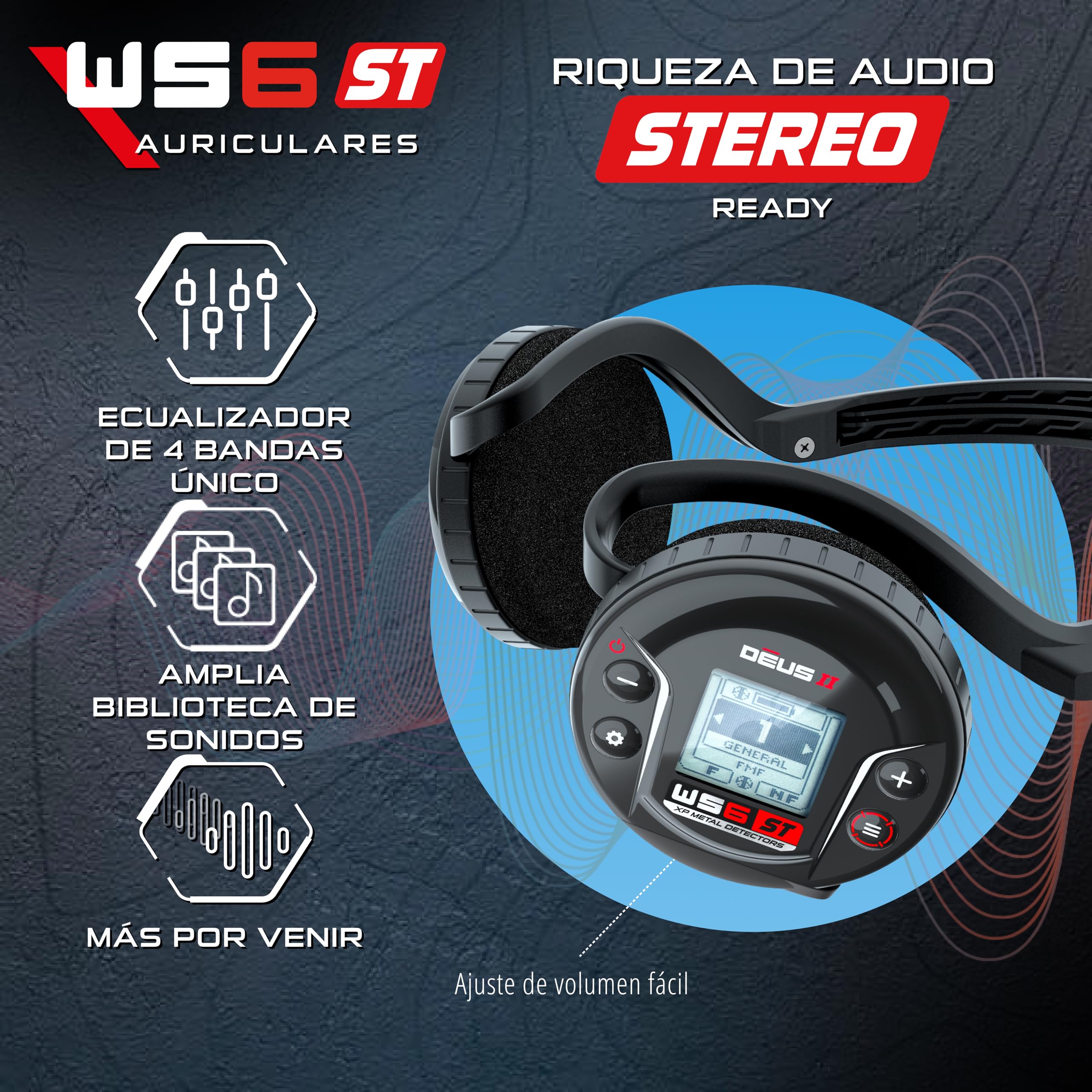 XP Metal Detectors WS6 ST Auriculares Stereo inalámbricos ultrarrápidos y Mando para controlar el Deus II, diseño Compacto e Inteligente, ergonómicos, Ligeros, Resistentes a la Lluvia (WS6ST)