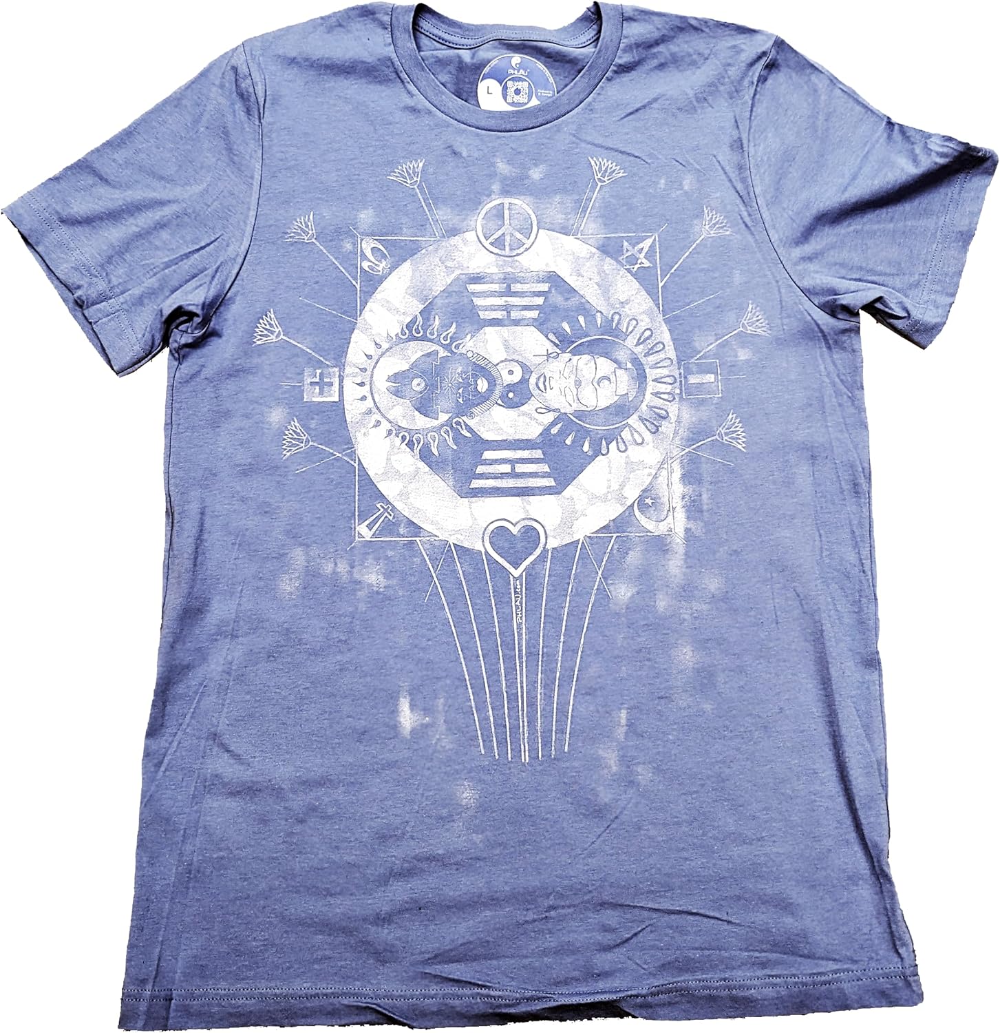 Soft Print Unisex T-Shirt, Subtle Graphic, Peace & Wisdom Yin-Yang, Powder Blue, 100% Cotton, Made in USA