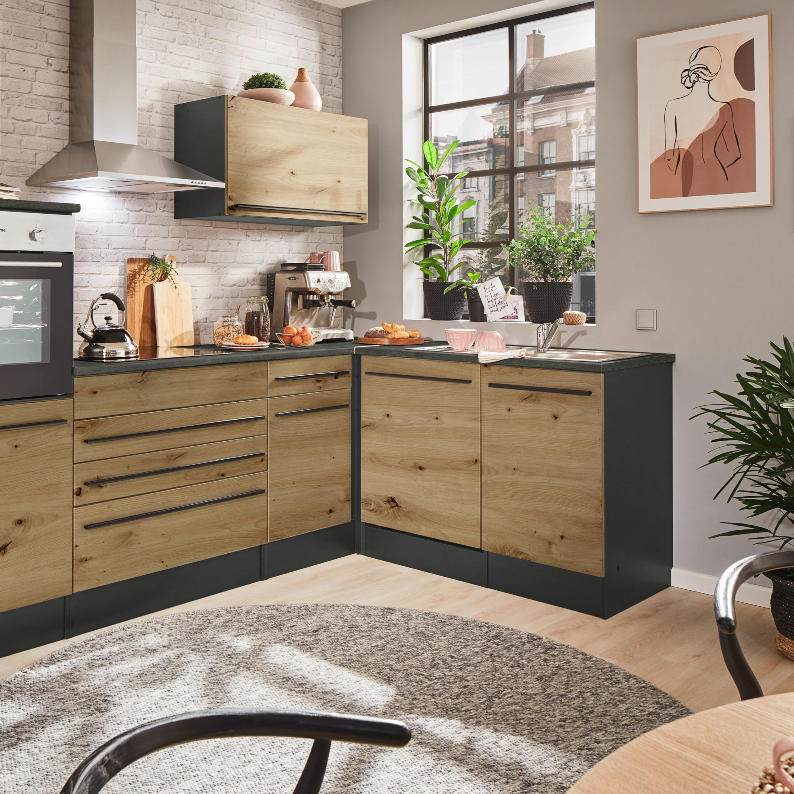 JAZZ Moderner Eckschrank Küche mit Arbeitsplatte in Anthrazit, Artisan Eiche Optik - Geräumiger Eck-Unterschrank mit viel Stauraum - 115 x 90 x 60 cm (B/H/T)