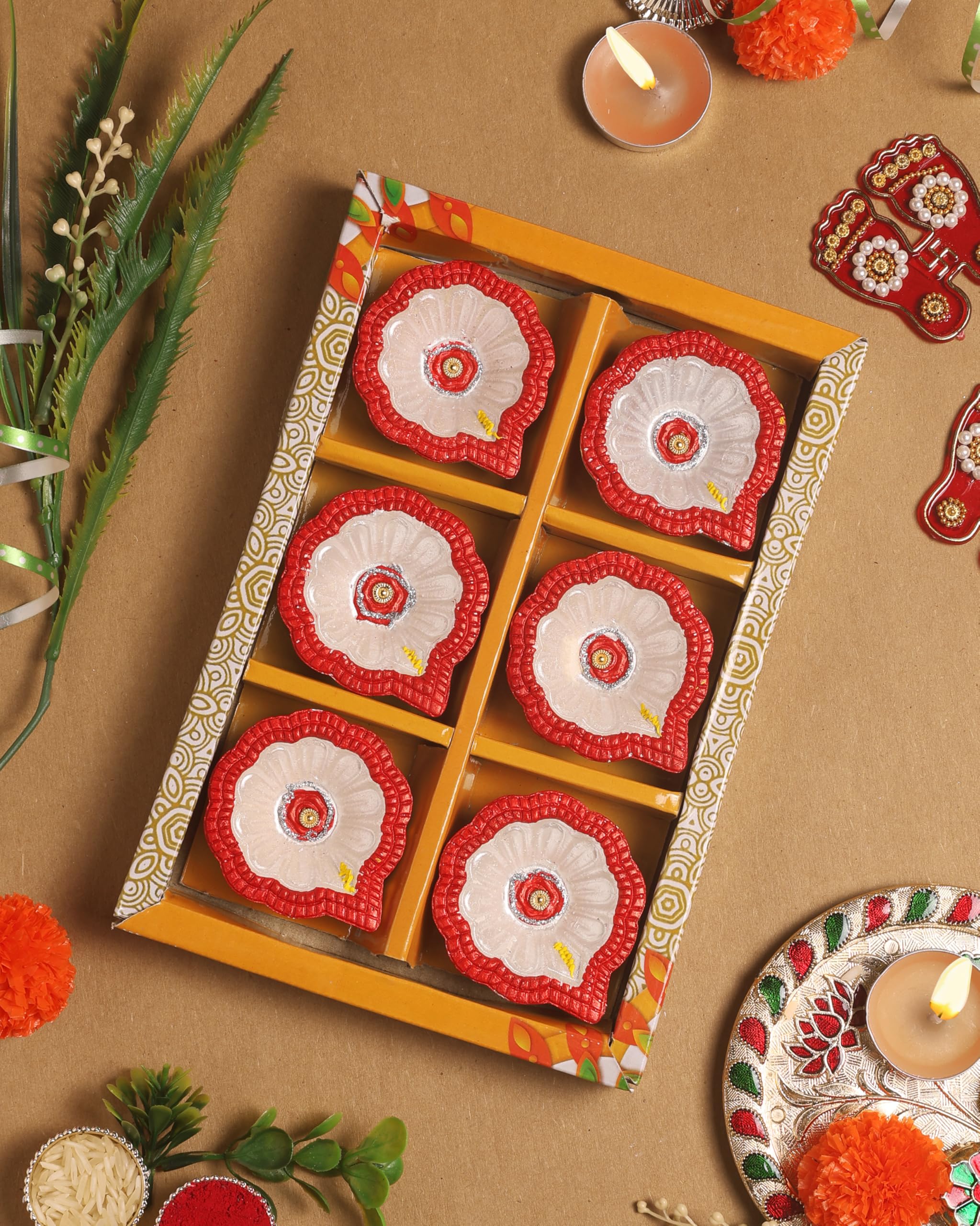 Handmade Terracoaat Set of 6 Red Clay Diya for Diwali/Navratri Decorations Oil Lamp Diwali Clay Diya Tea Light Holder Indian Decor Festival Gifts Puja Items-D02A