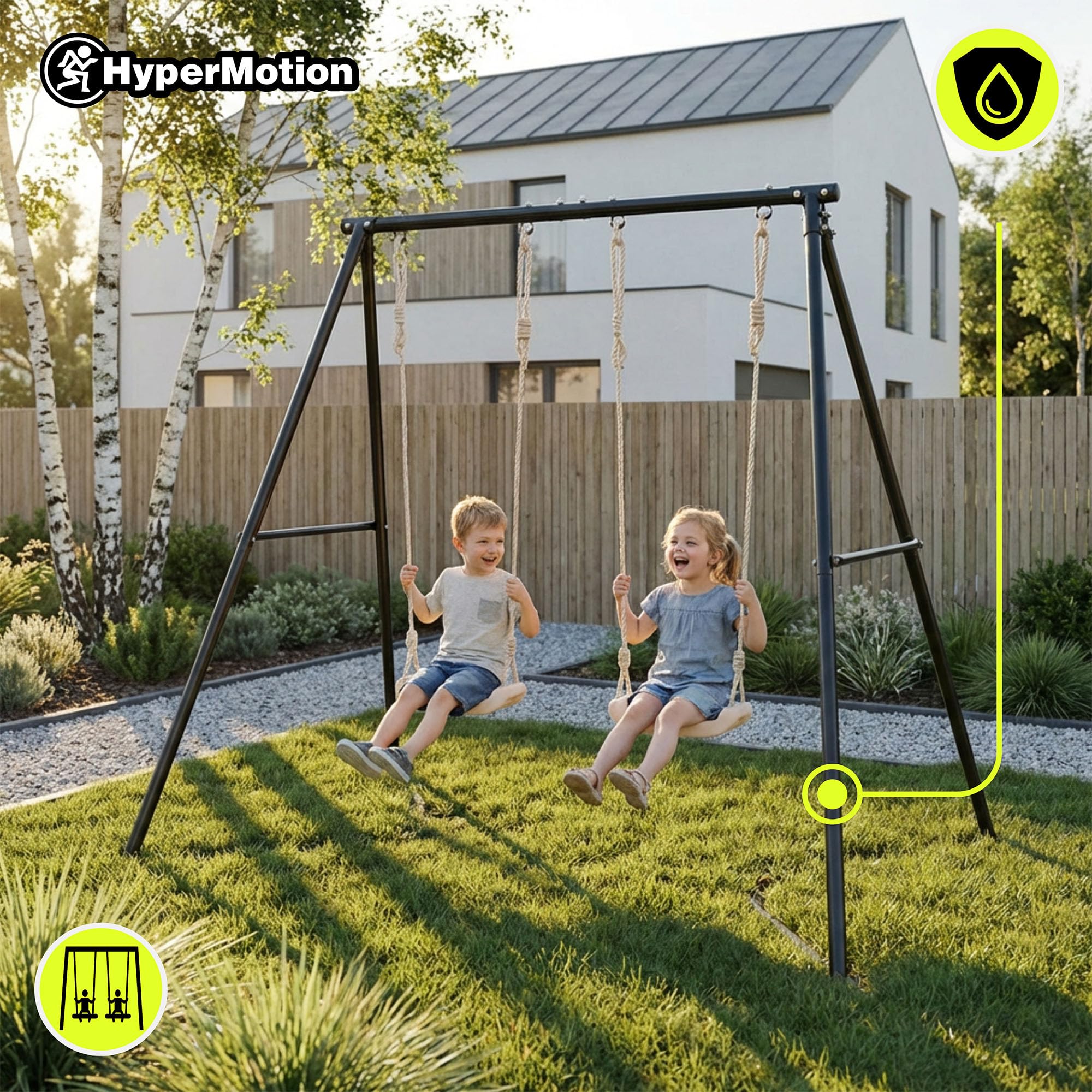 HyperMotion Doppelter Gartenschaukel für Kinder höhenverstellbar zwei Sitze stabile Stahlkonstruktion Bodenhülse beige für den Garten