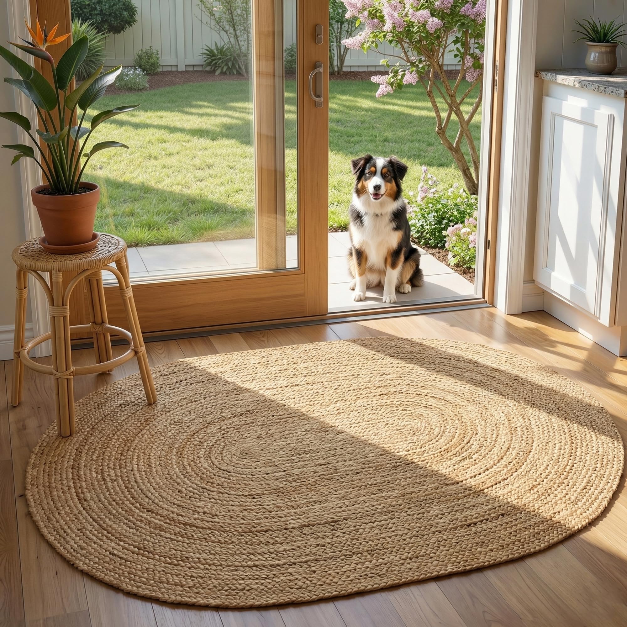 Tapis ovale tressé main en fibre naturelle de 1,5x2,4 m pour salon
