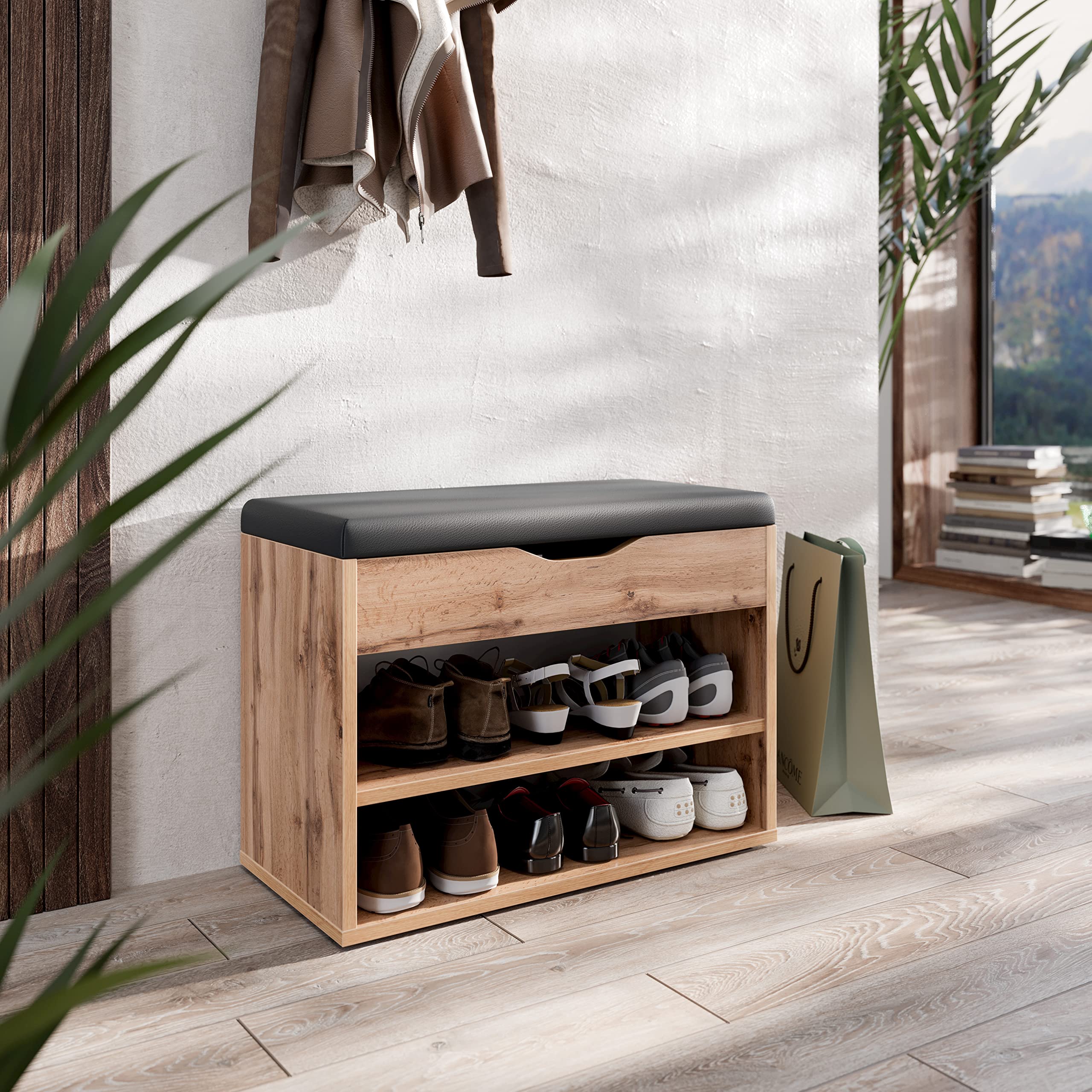 Schuhbank Mit Stauraum – Massivholz, 80 Cm, Mit Kissen, Braun