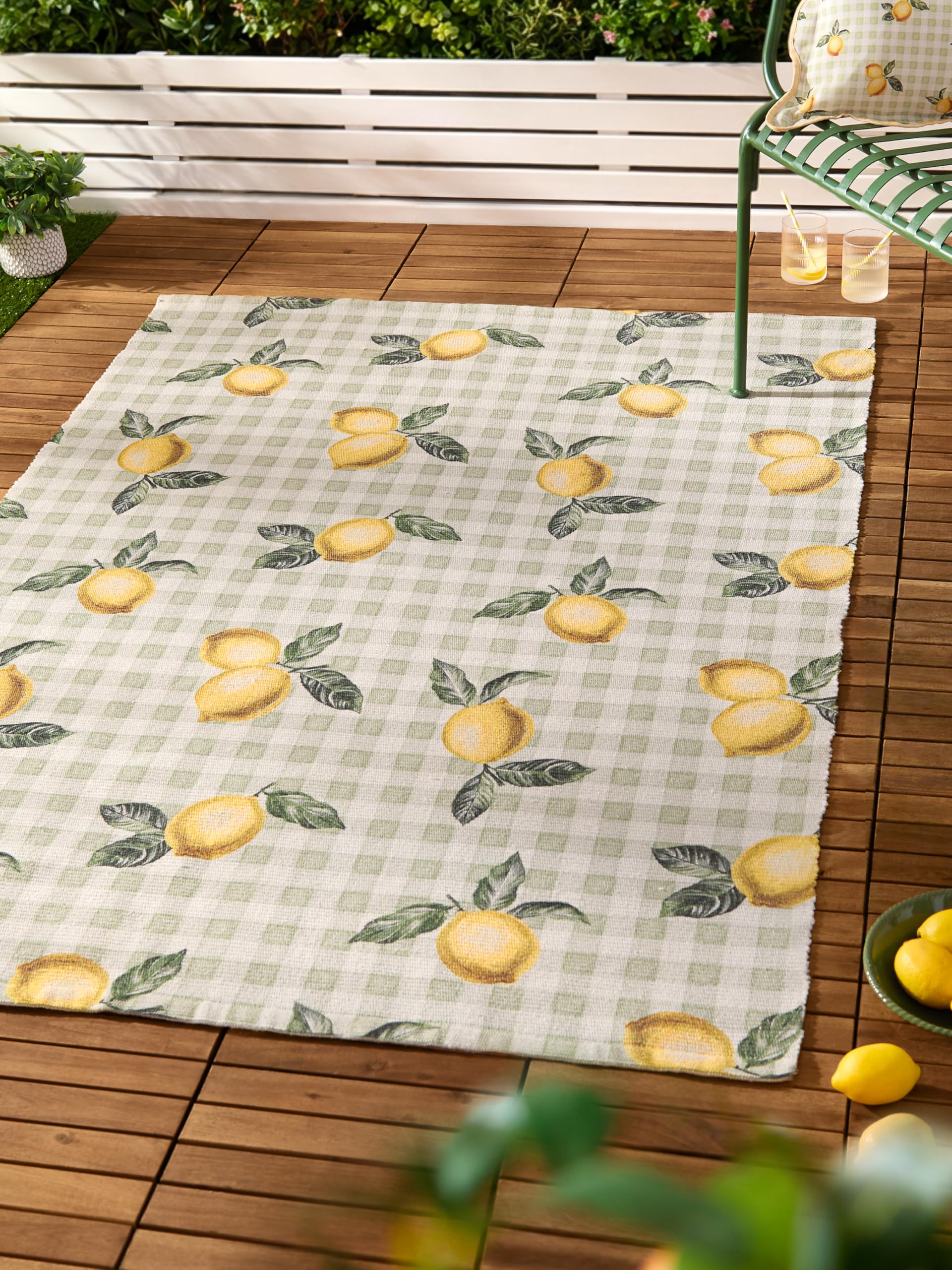 Furn Unisex Green Fruits Lemons Striped Indoor/Outdoor Rug In | Size: 120Cm X 170Cm
