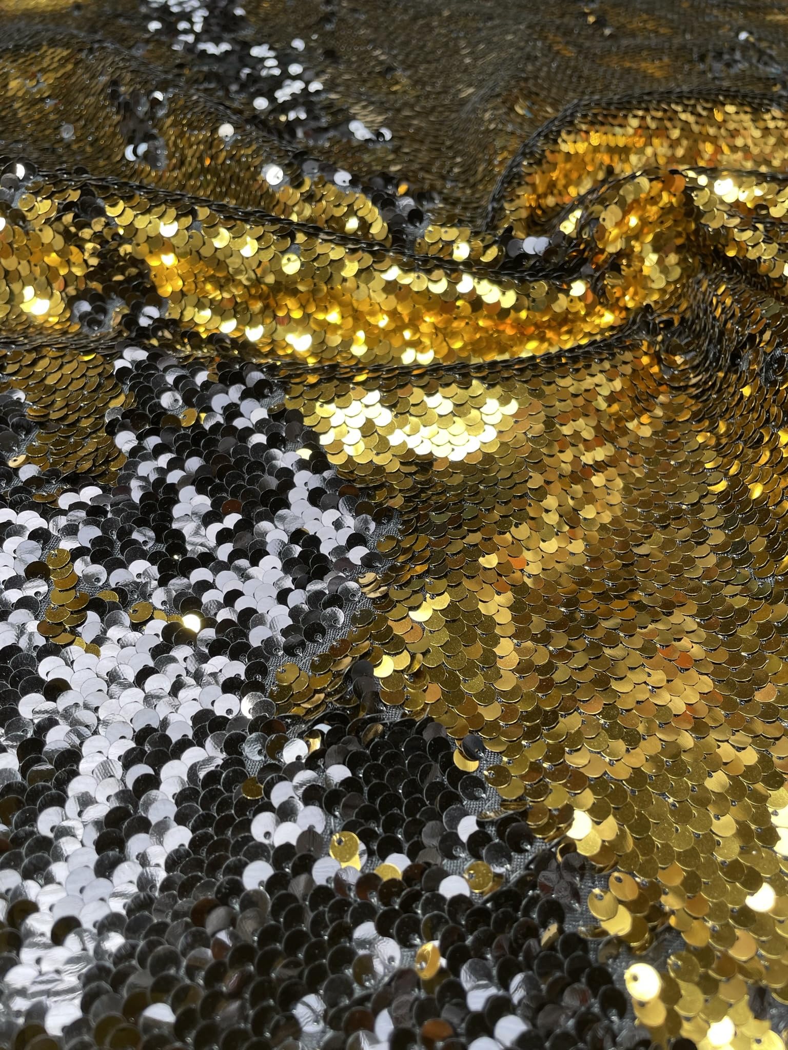 5mm Reversible Sequin Fabric, Mermaid Sequins Material - 140cm wide (sold by 0.5m) (Black & Gold, HALF METRE)