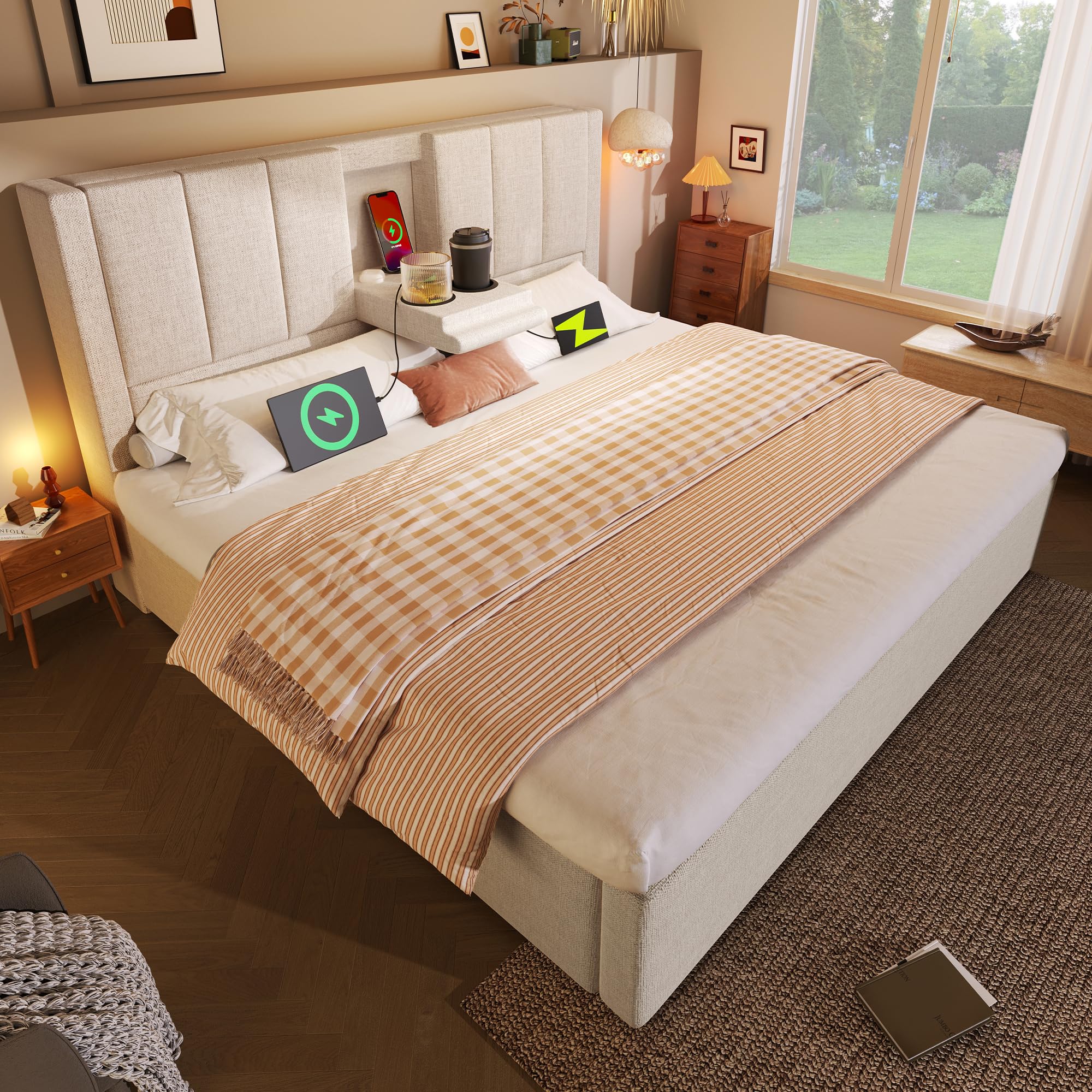Cama de Matrimonio con Lino, Almacenamiento y Carga, Beige, 180x200 cm
