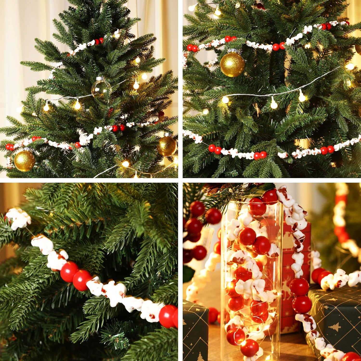 Hoteam 4 Pieces 9 ft Artificial Popcorn and Cranberry Garland Strand Realistic Vintage Pop Corn and Rustic Wood Beaded Cranberry Strand Old Retro Christmas Tree Garland String for Christmas Holiday