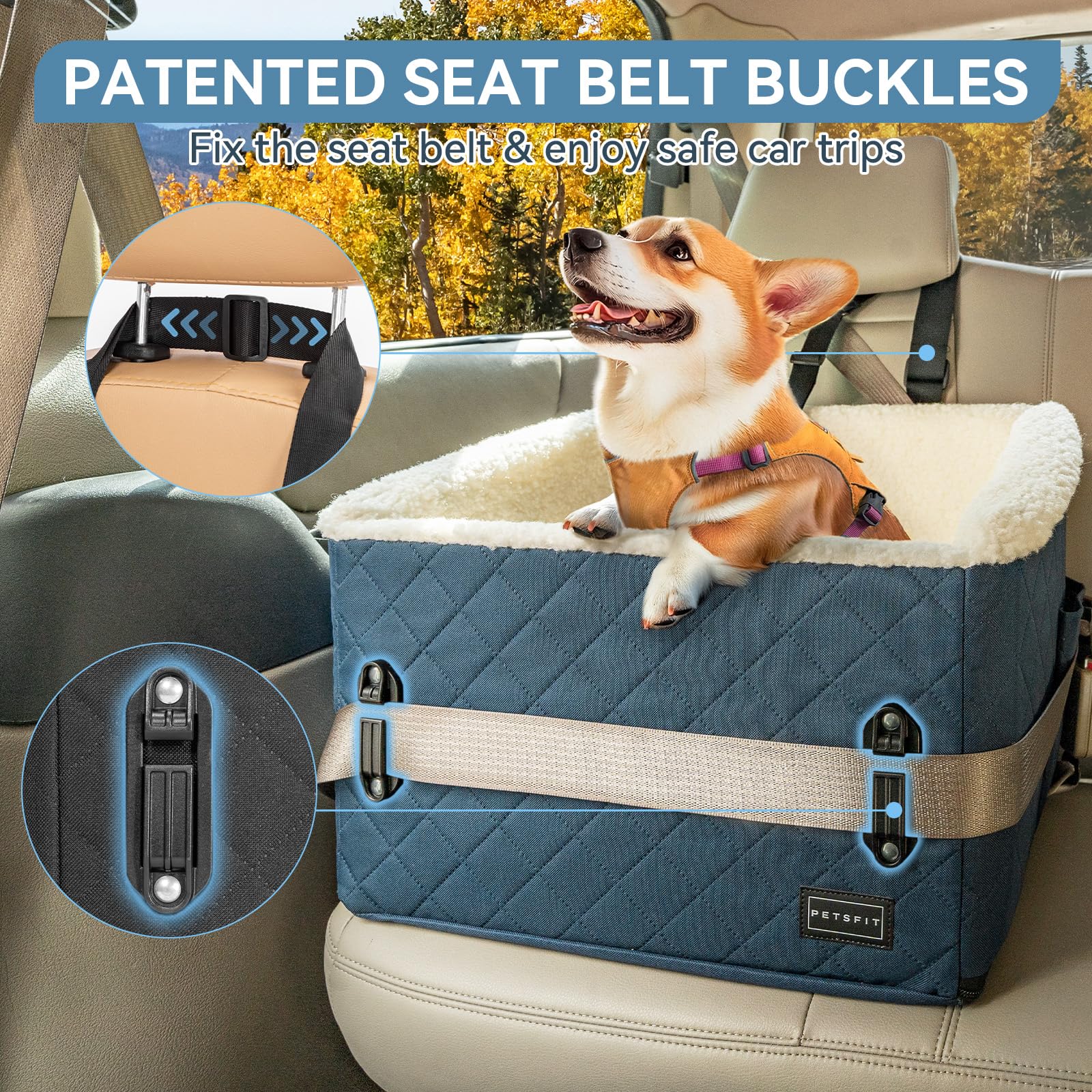 PETS FIT Asiento Perro y Coche Ajustable 12,5cm + Transportín Patente | Funda Lavable, Clip Seguridad | Cama Perro Coche para Mascotas hasta 12kg