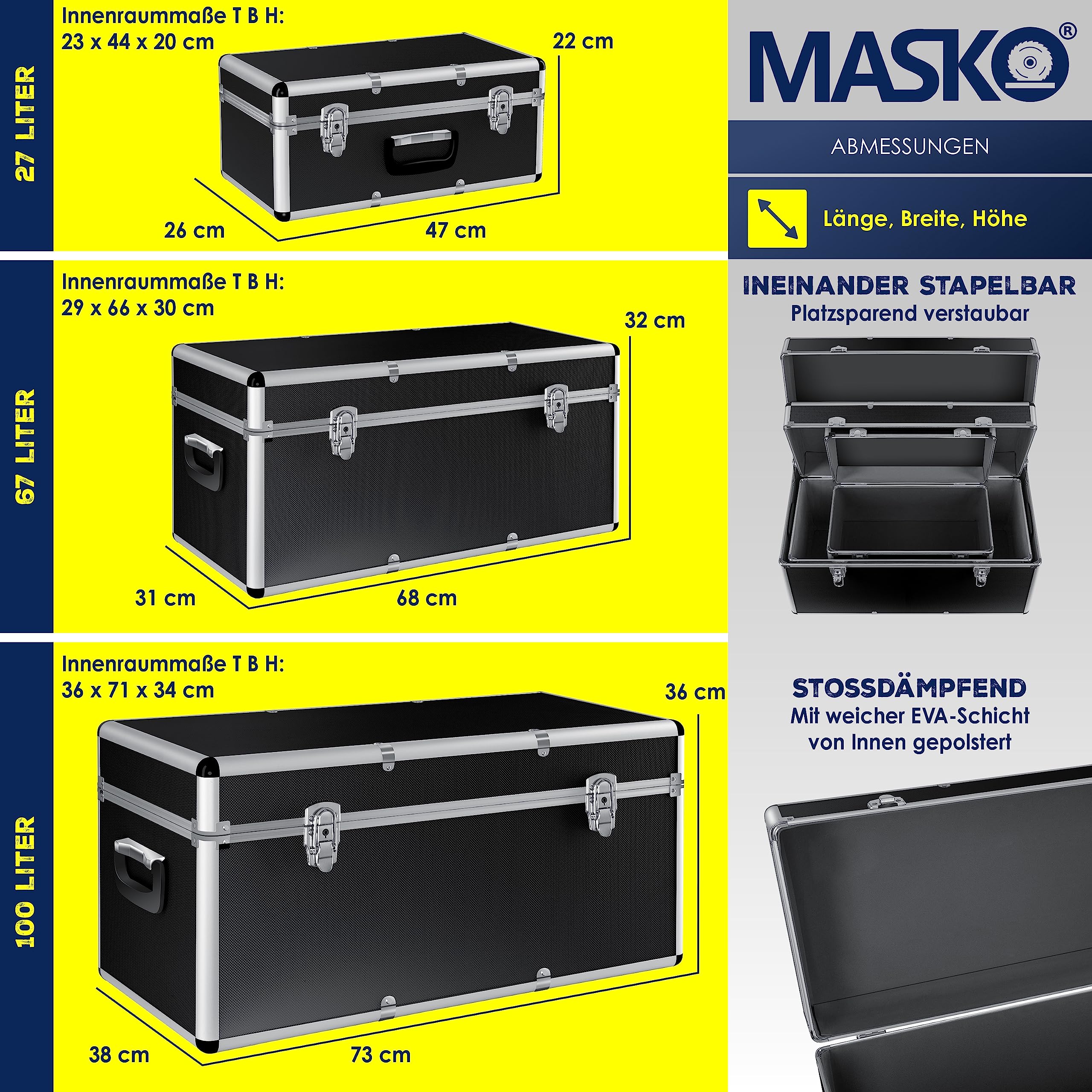 Masko® 3er SET Alu Boxen | Alubox | Alukiste | Werkzeugkoffer | Werkzeugkasten | Transportbox | Werkzeugkiste | Lagerbox NEU Werkzeug Box |
