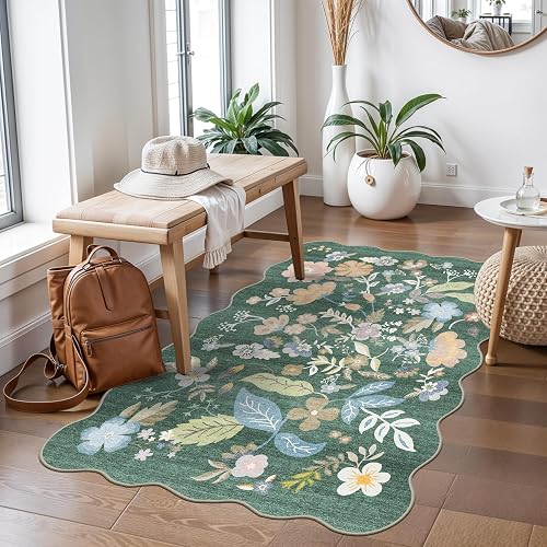 BYYVOO Washable 3x4 Boho Scalloped Floral Mat