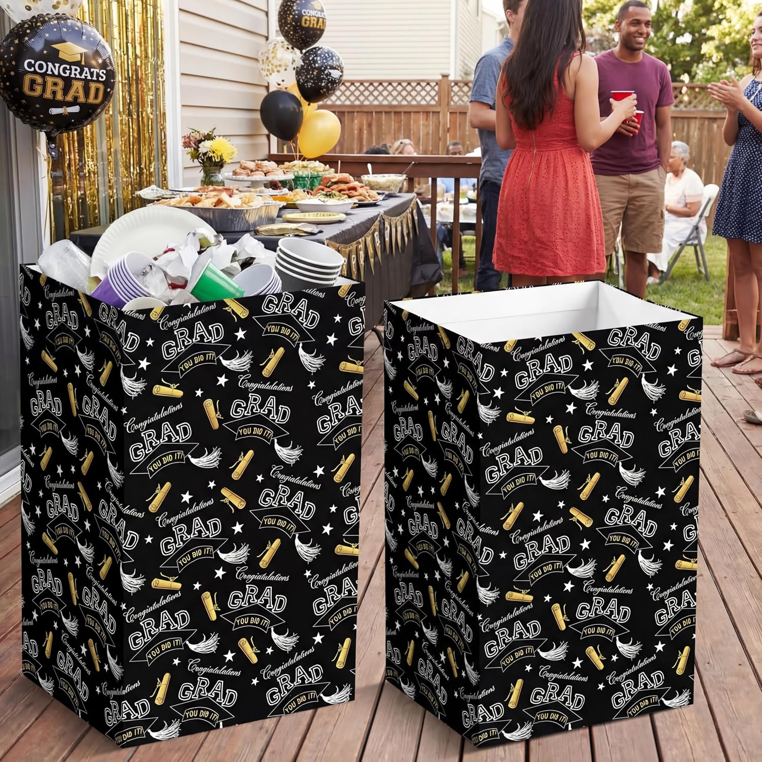 Epakh 4 Pack Black Disposable Pop up Trash Cans for Graduation Parties (13 Gallon 21.6" H x 13.5" W x 10" D) with 5 Fitted Bags Portable Foldable Extra Thick Garbage Bins for Event Kitchen Camping