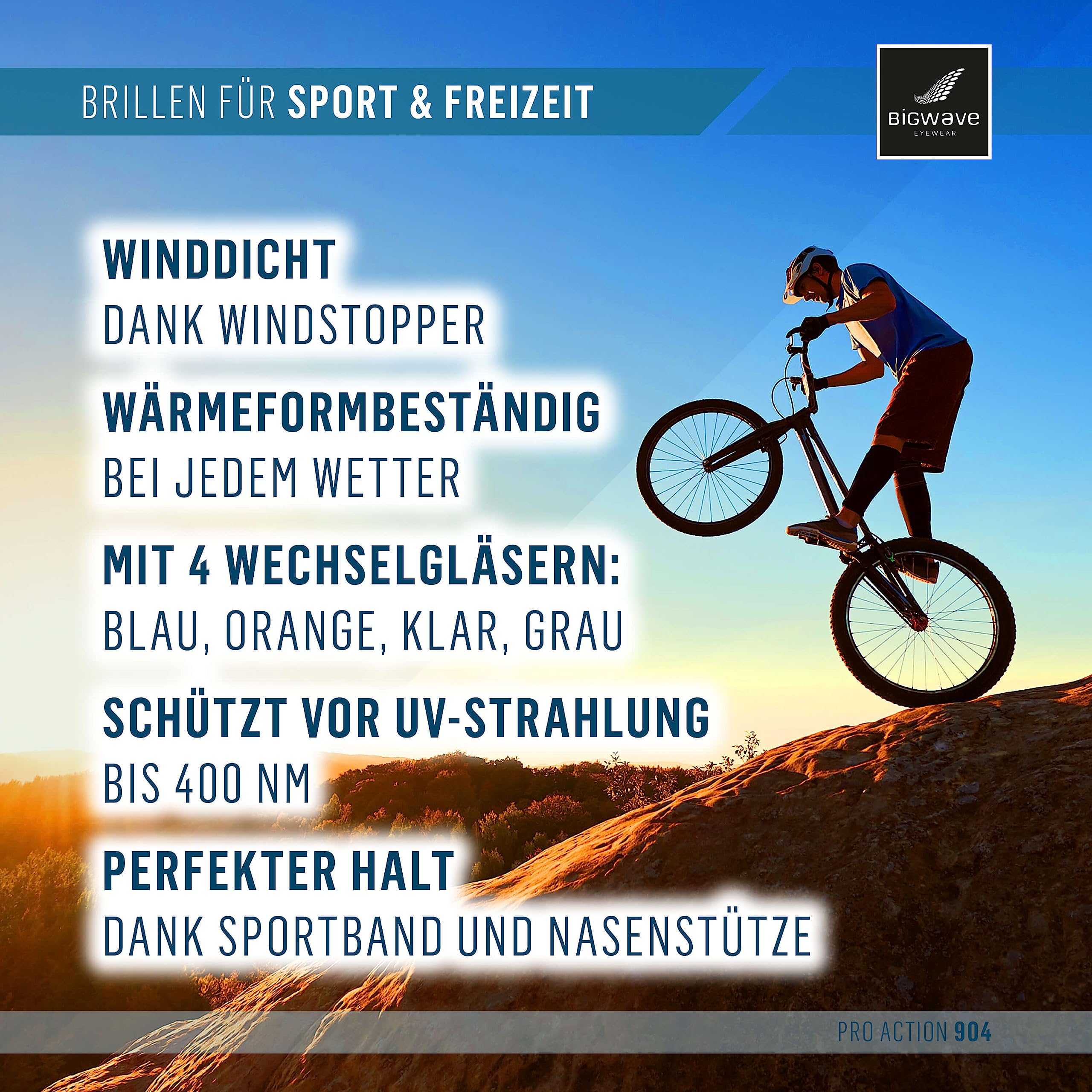 BIGWAVE Pro-Action 904 – Superentspiegelte Premium UV 400 Sportbrille mit 4 Wechselgläsern–Radsportbrille mit schmutzabweisender Clean-Coat Beschichtung für Damen und Herren