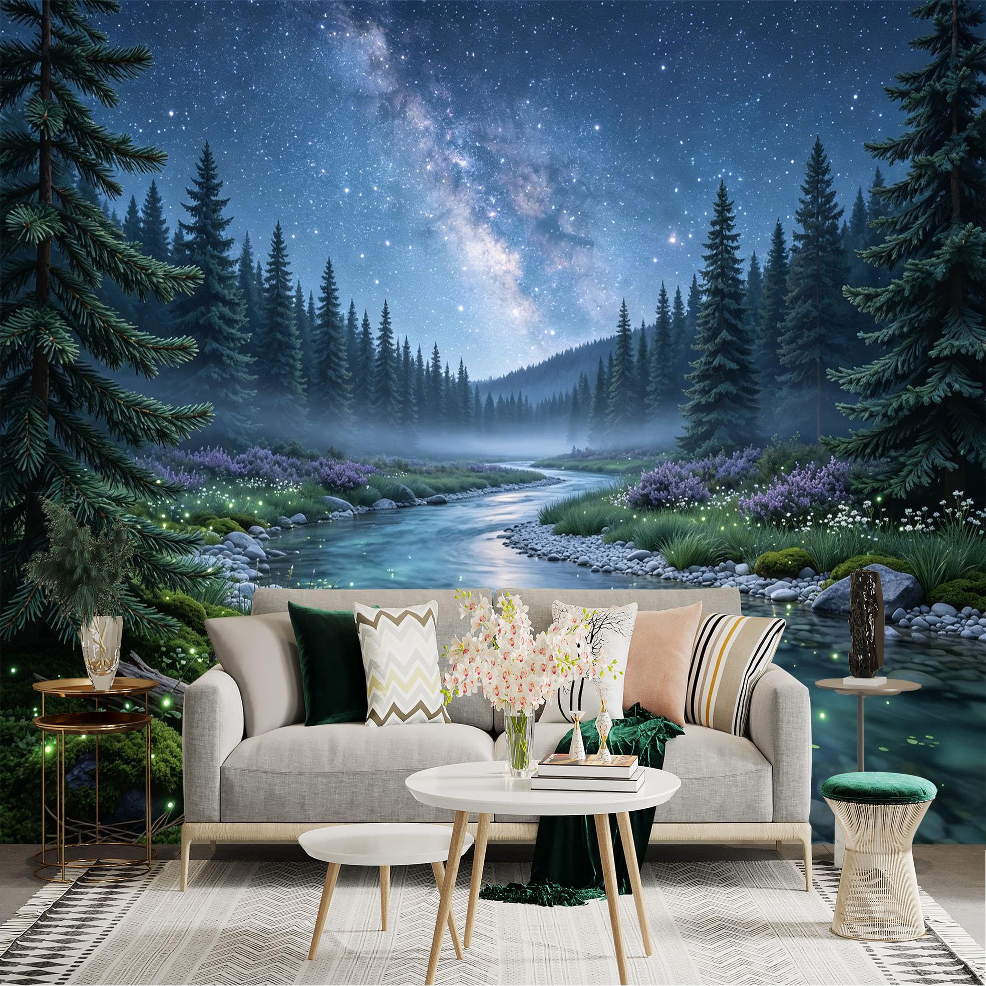 Lnzczhyre Bh260719062 Custom Size Wall Sticker Mural， Milky Way Over Forest River， Glowing Fireflies In Nature， Night Scenery， For Wall Decoration， Peelandstick Wall Decals.