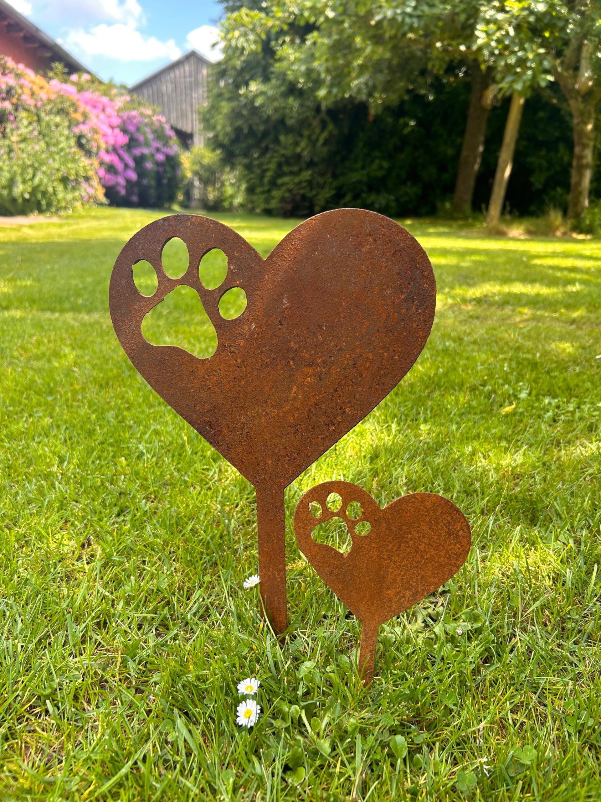 D&L Lasertec Edelrost Gartenstecker Herz mit Pfote, Hundeherz, Beetstecker, Gartendeko, Hundedeko, Gartendekoration Set klein + groß