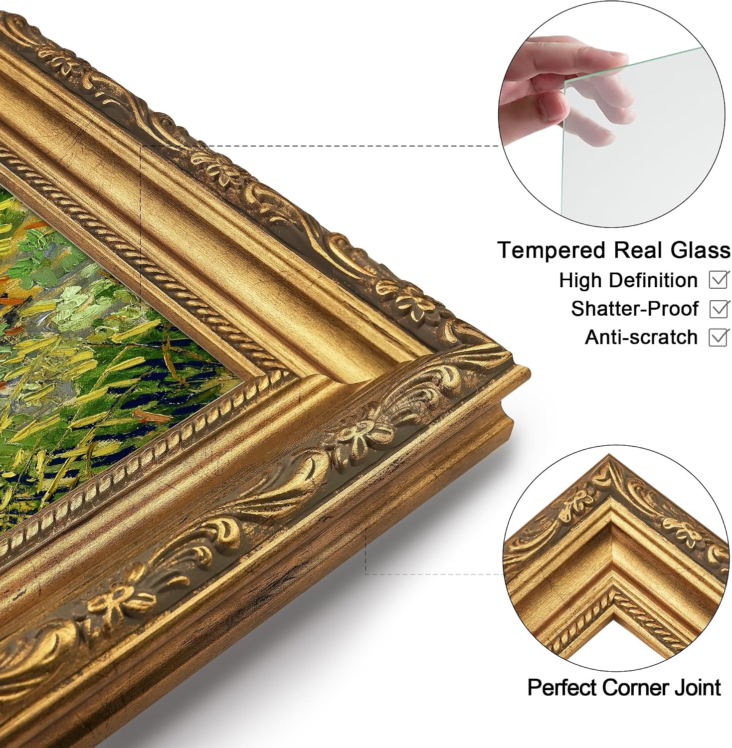 Antique Gold 5x7 Picture Frame, Ornate Embossing 5 x 7 Frame with Tempered Real Glass, Tabletop or Wall Mounting Display for Art Prints or Pictures, 2 Pack