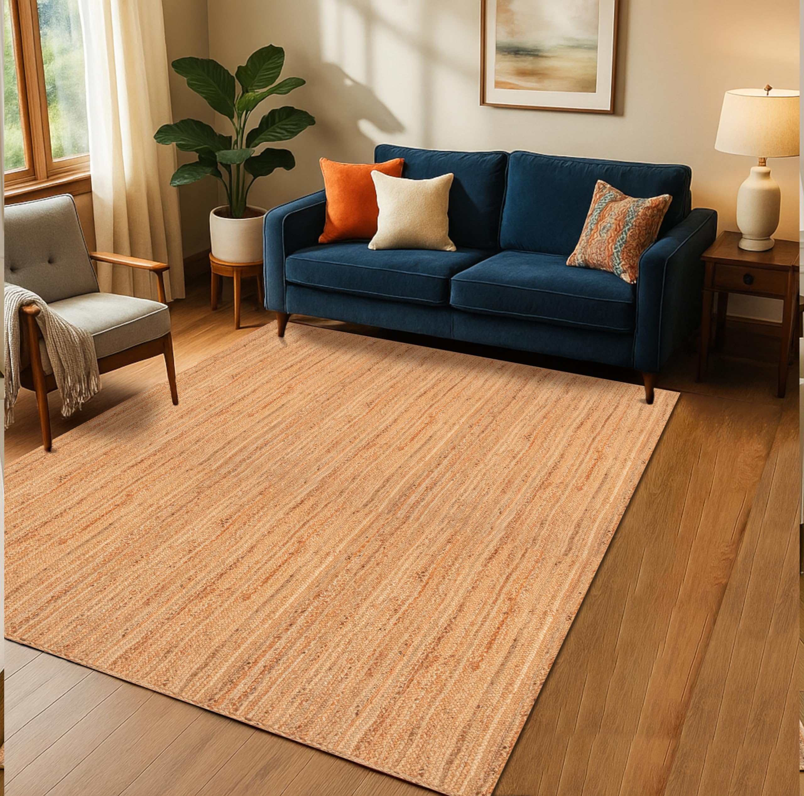 Condition photo showing Good Condition for  hand woven jute braided rug, 6'x9' -, reversible boho entry area rugs for kitchen, living room i farmhouse indoor outdoor decorative floor rug, 72x108 inches