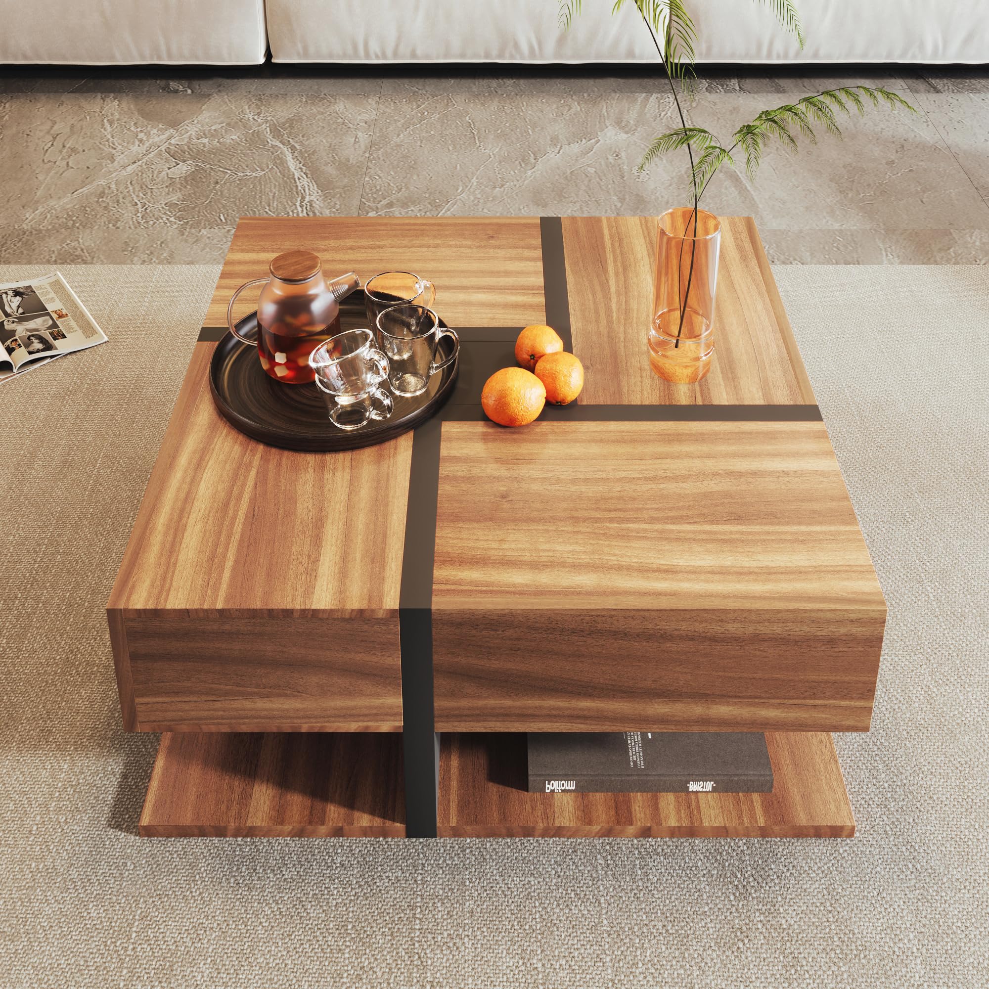Merax Couchtisch Wohnzimmertisch mit 4 Schubladen, Modern Beistelltisch Kaffeetisch mit Zwei Ablageebenen, Multifunktionaler Sofatisch Mitteltisch, einzigartige Design, 78x78x36cm, Natürlich