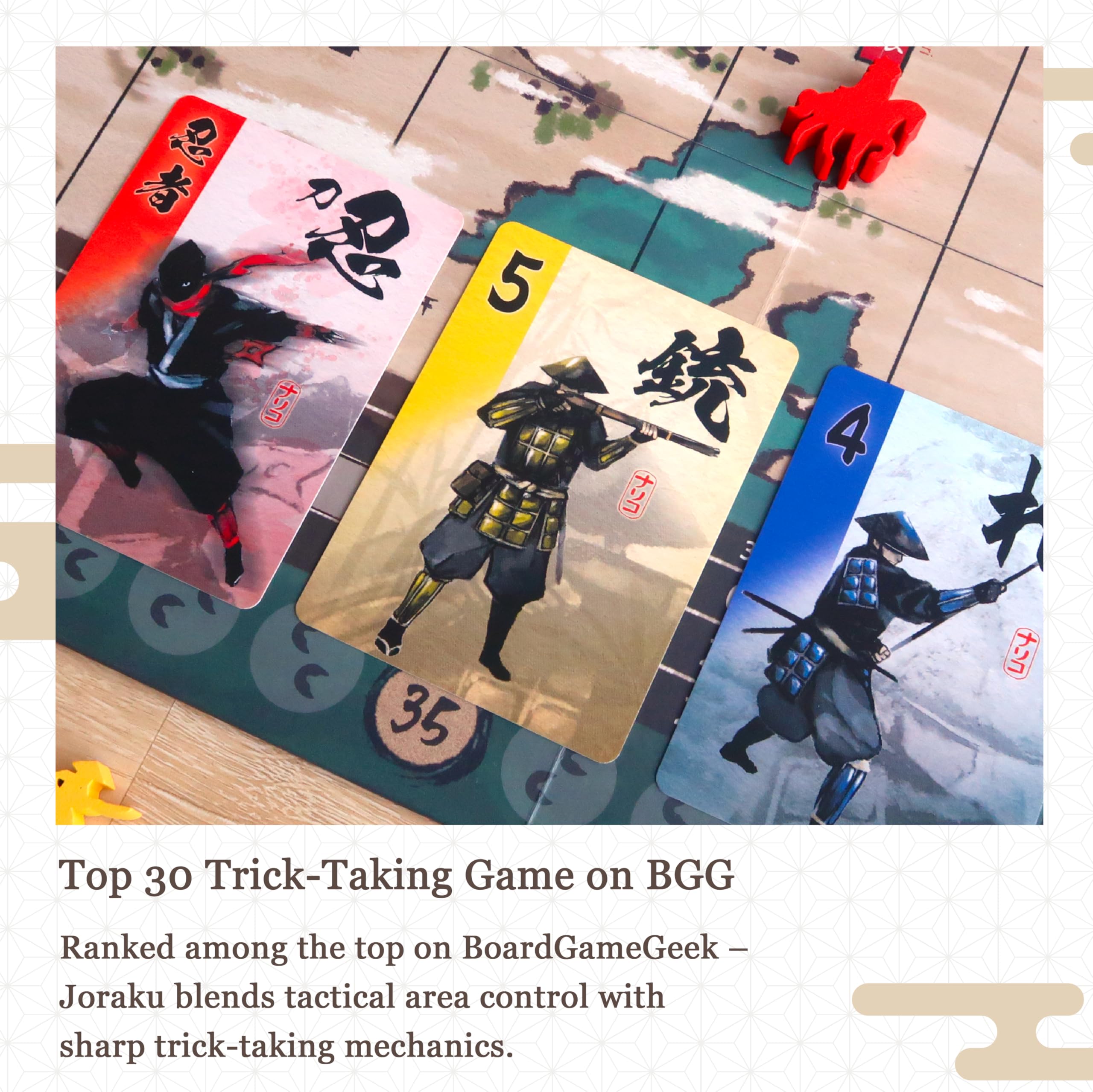 Moaideas Game Design Joraku Deluxe Strategy Board Game, 40 Wooden Samurai Meeples, Area Control and Trick-Taking Mechanics - Image 4