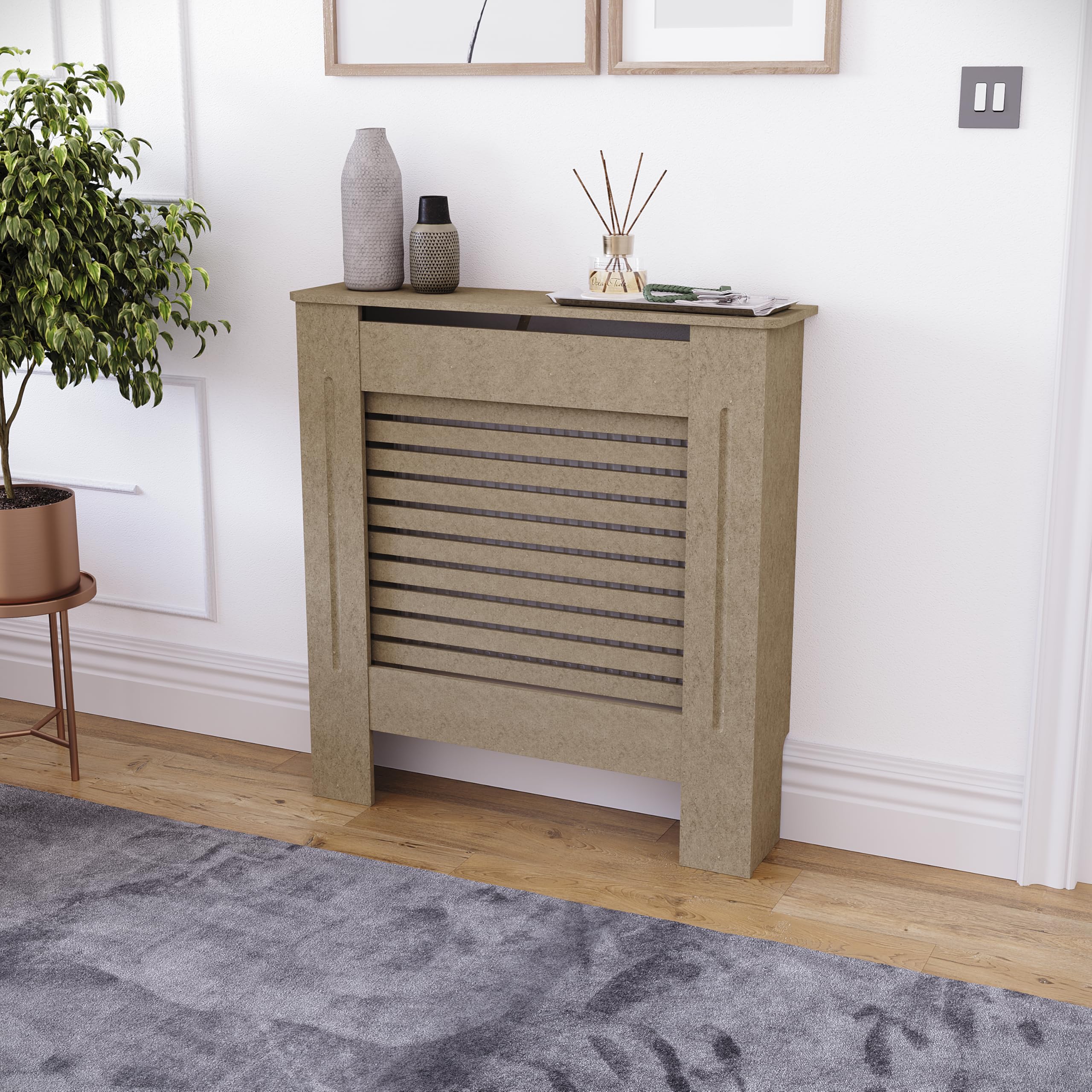 Vida Designs Milton Cubierta de radiador Unfinished - Pequeño - Lamas horizontales Modernas para Mejor circulación del Calor - H82xW78xD19cm - MDF sin Pintar para salón y Pasillo