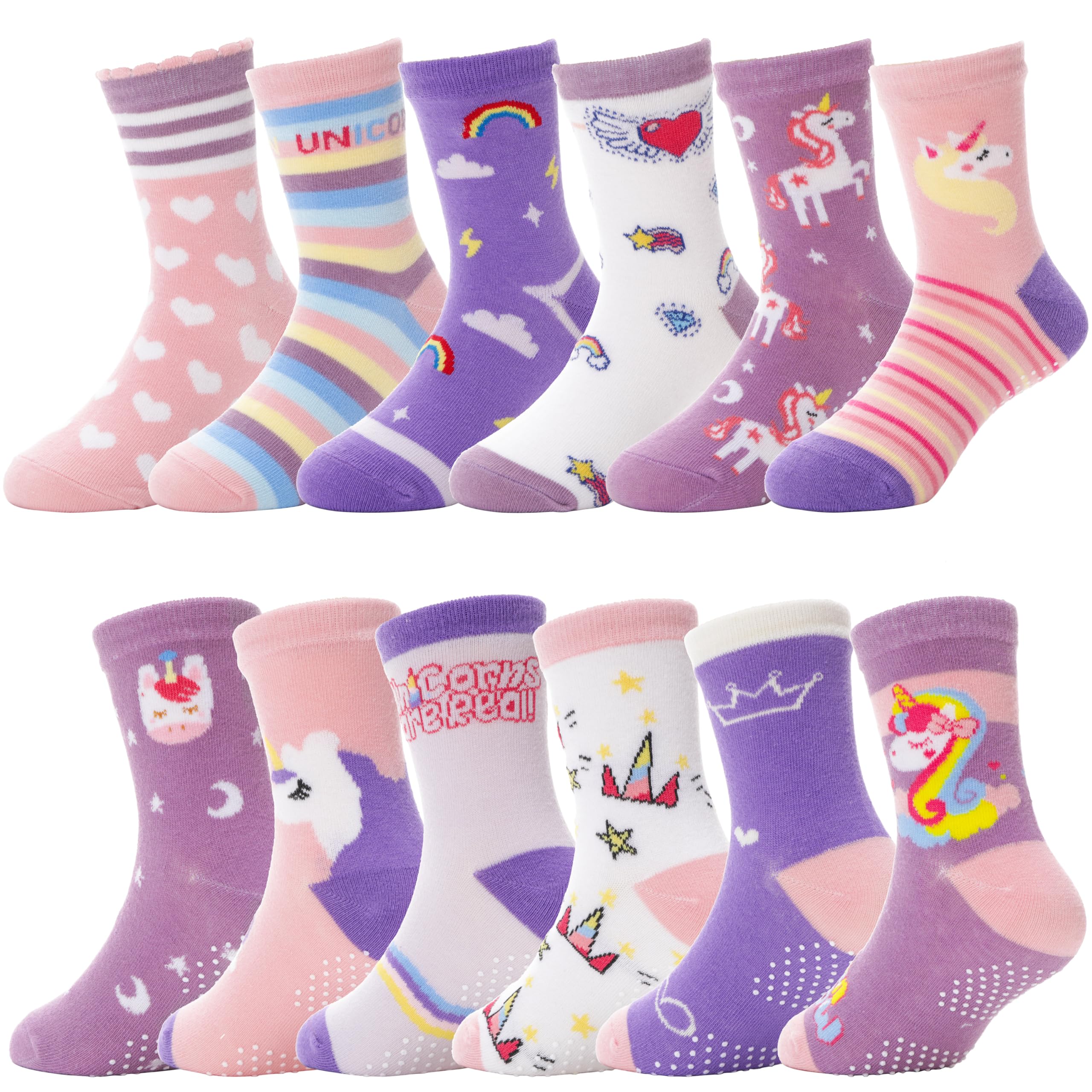 ANTSANG Baby Girls Toddlers Grips Socks, Kids Unicorn Crew Cotton Socks