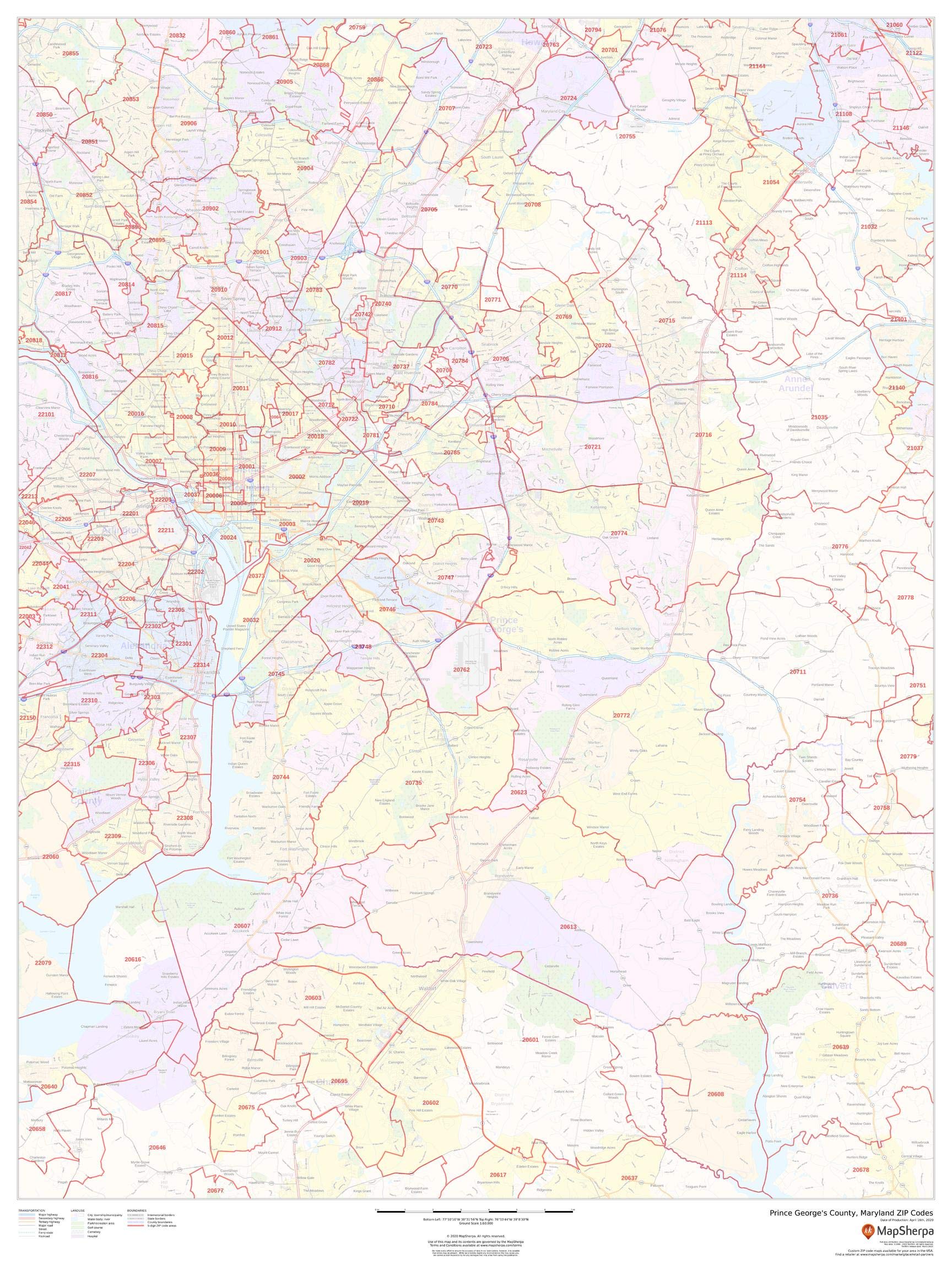 Prince George's County, Maryland Zip Codes - 36" x 48" Laminated Wall Map