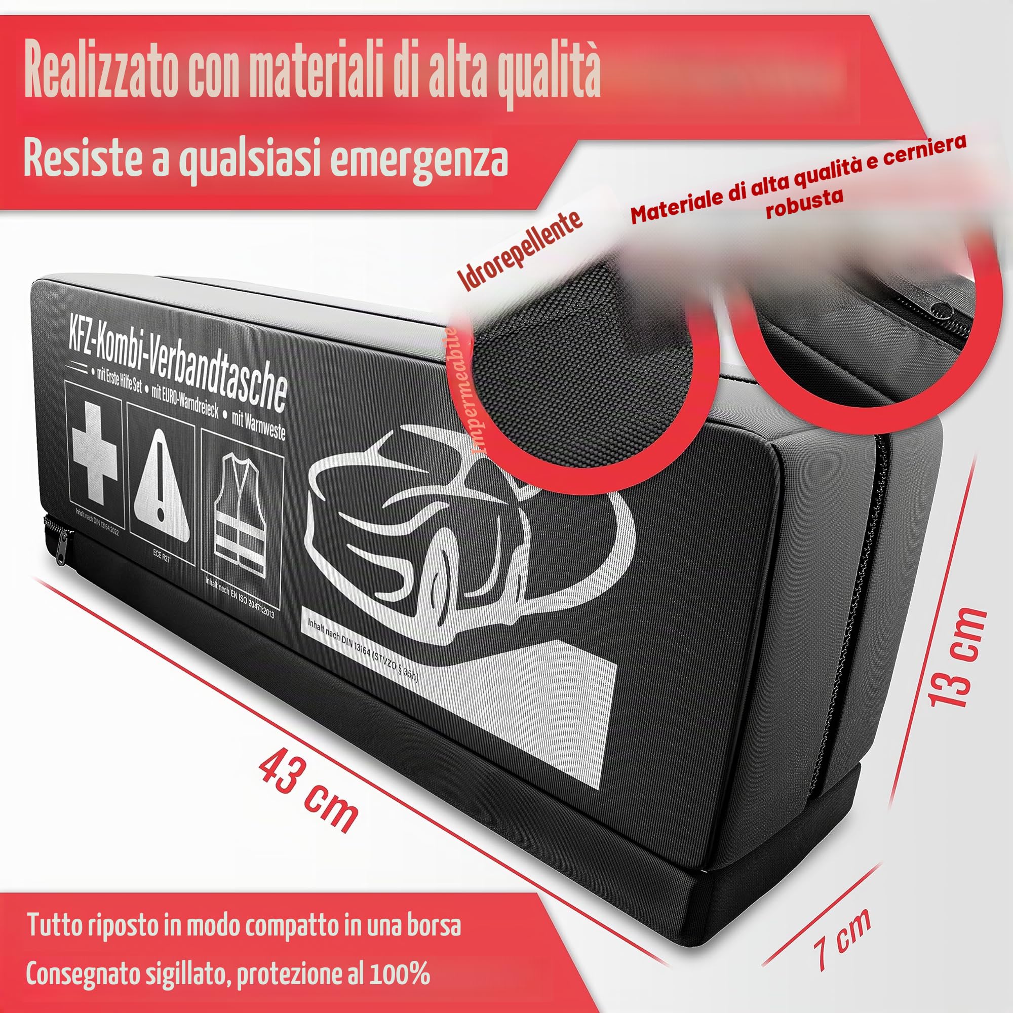 HELDENWERK Set di pronto soccorso 3 in 1 auto 2026 utilizzabile e testato in tutta Europa (conforme alle norme vigenti), borsa combinata per auto con giubbotto di avvertimento, triangolo di