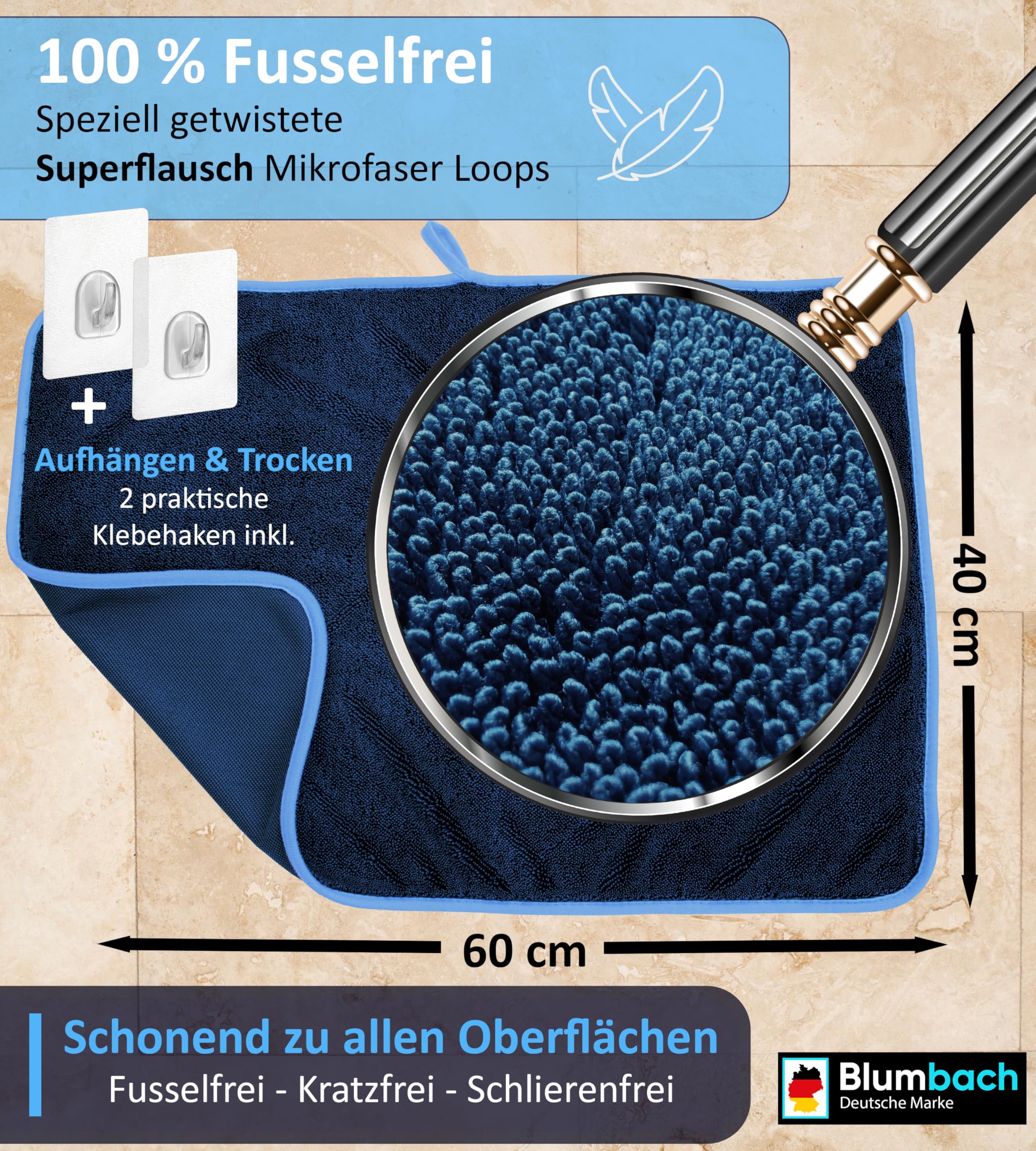 BLUMBACH® Trockentuch Dusche 2-Set 700 GSM 40x60cm Microfaser Putztuch | Trockentuch Auto, Mikrofasertücher extrem saugstark mit 2 Klebehaken, Ultra wipes Trockentücher, das blaue wunder Tücher