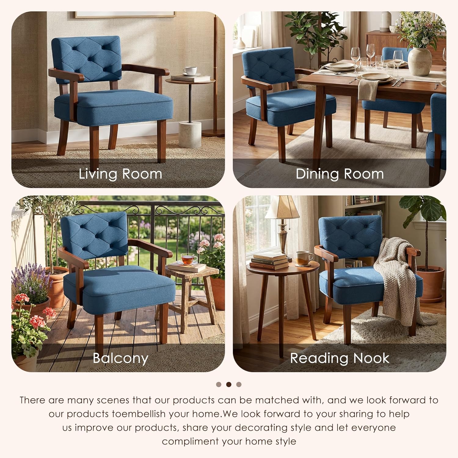 Modern Accent Chairs Set of 2,Butacas para Sala,Mid Century Small Arm Chair,Upholstered Wooden Chairs with Arm Rest,Tufted Backrest,Cushion, for Office,Waiting/Reading/Living Room, Navy Blue