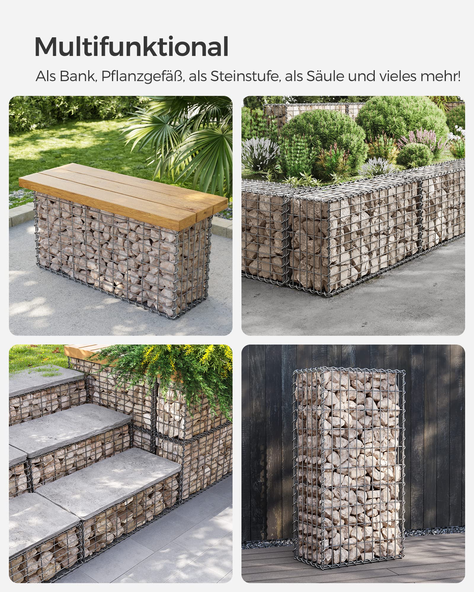 SONGMICS Gabionenkörbe, Metall-Steinkörbe mit 5 x 10 cm Maschenweite für Mauersteine, verzinkt, Steingabione Mauer, 100 x 50 x 30 cm, 2er-Set, silber GGB253V1