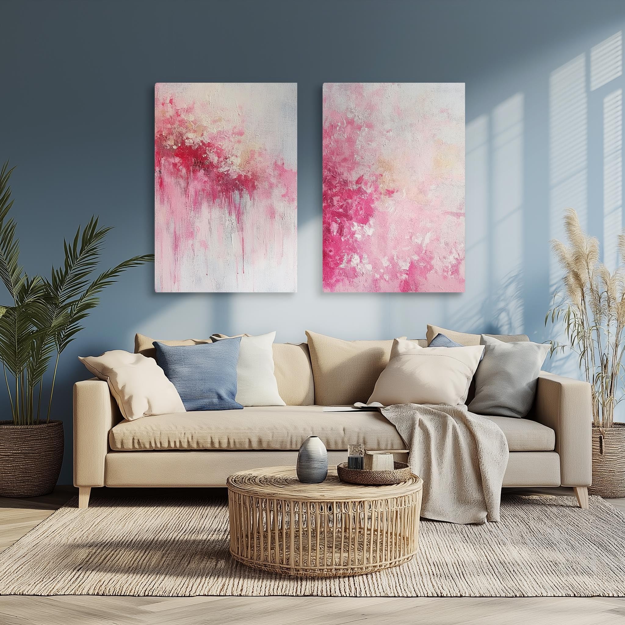 lianyibo 2-częściowy abstrakcyjny różowy obraz olejny wydruki na płótnie, nowoczesna minimalistyczna neutralna tonalna kwiatowa dekoracja salonu (60 x 90 cm x 2/rama wewnętrzna)