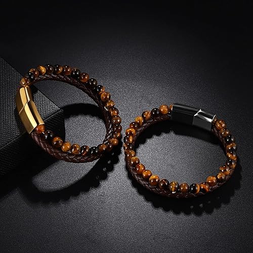 Miniatura 8 de Multilayer Tiger Eye and Braided Genuine Leather Bracelet for Men. Triple Protection Bracelet, Stainless Steel Magnetic Clasp. (8.8inches, Gold