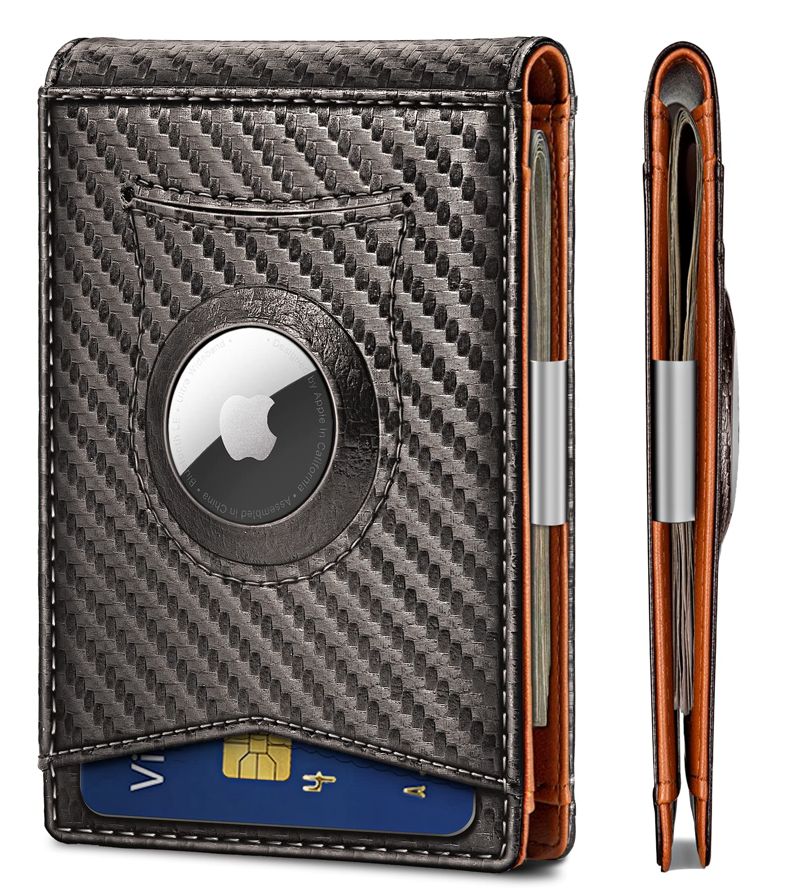 KS Mens Wallet Gift Airtag or Standard Use,Slim Front Pocket Leather Wallet Money Clip 11 cards RFID Blocking