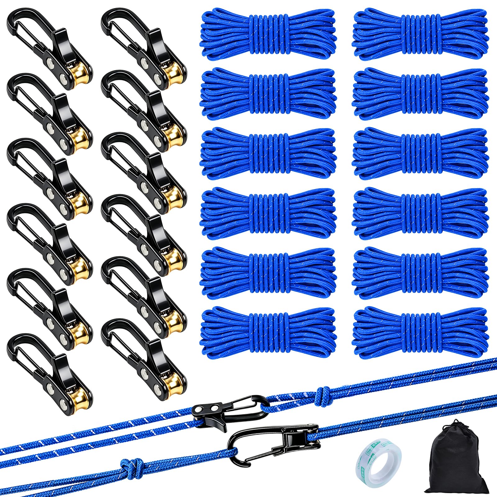 Wayona 12 x Seil mit Rollenspanner, Schnur und Seilspannwerkzeug, verstellbar, für Camping, Paracord-Spanngurt, Bootfahren, Zelt, Zuhause, Outdoor
