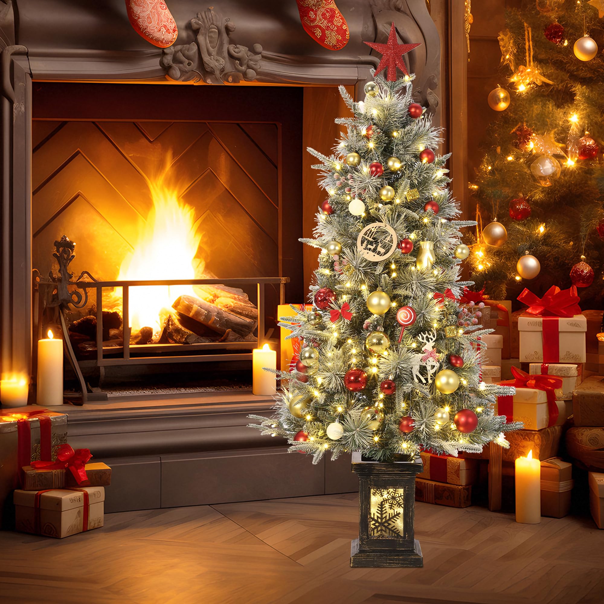 GarveeTech Schneebeflockter künstlicher Weihnachtsbaum 125 cm mit LED - 150 LEDs warmweiß/Mehrfarbig, 9 Modi, PVC-Zweige - EU-Stecker, Schneeflocken-Lichtbasis - 4ftH Frost Tree, Dual Color 8 Modes,