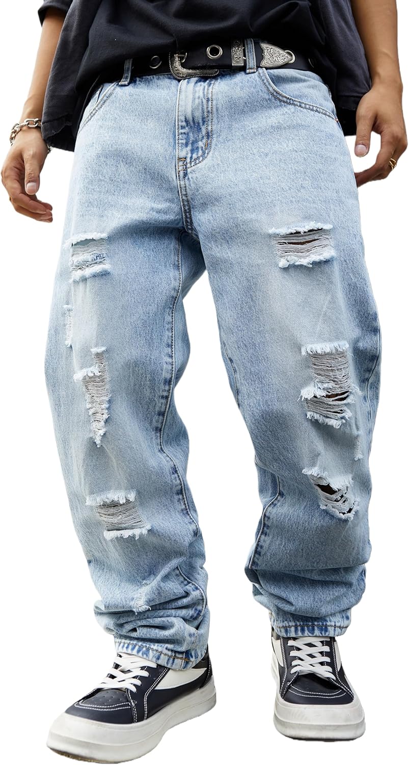 MZNBURAM Men's Ripped Regular Fit Straight-Leg Jeans - Streetwear Y2K Hip Hop Distressed Non-Stretch Denim Pants