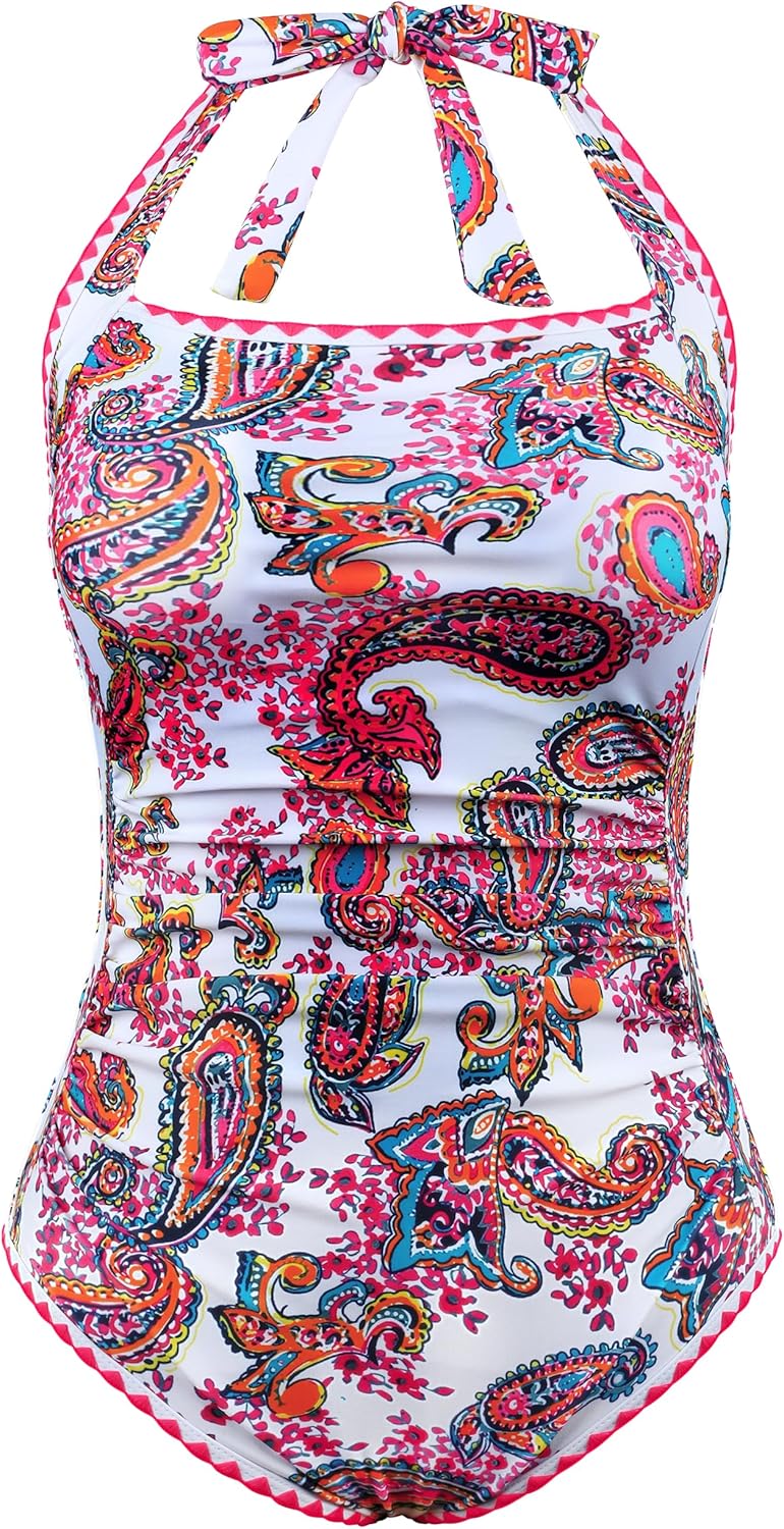 Hilor Women's One Piece Swimsuits Tummy Control Bathing Suits Halter Scalloped Vintage Swimwear Retro Slimming Monokini