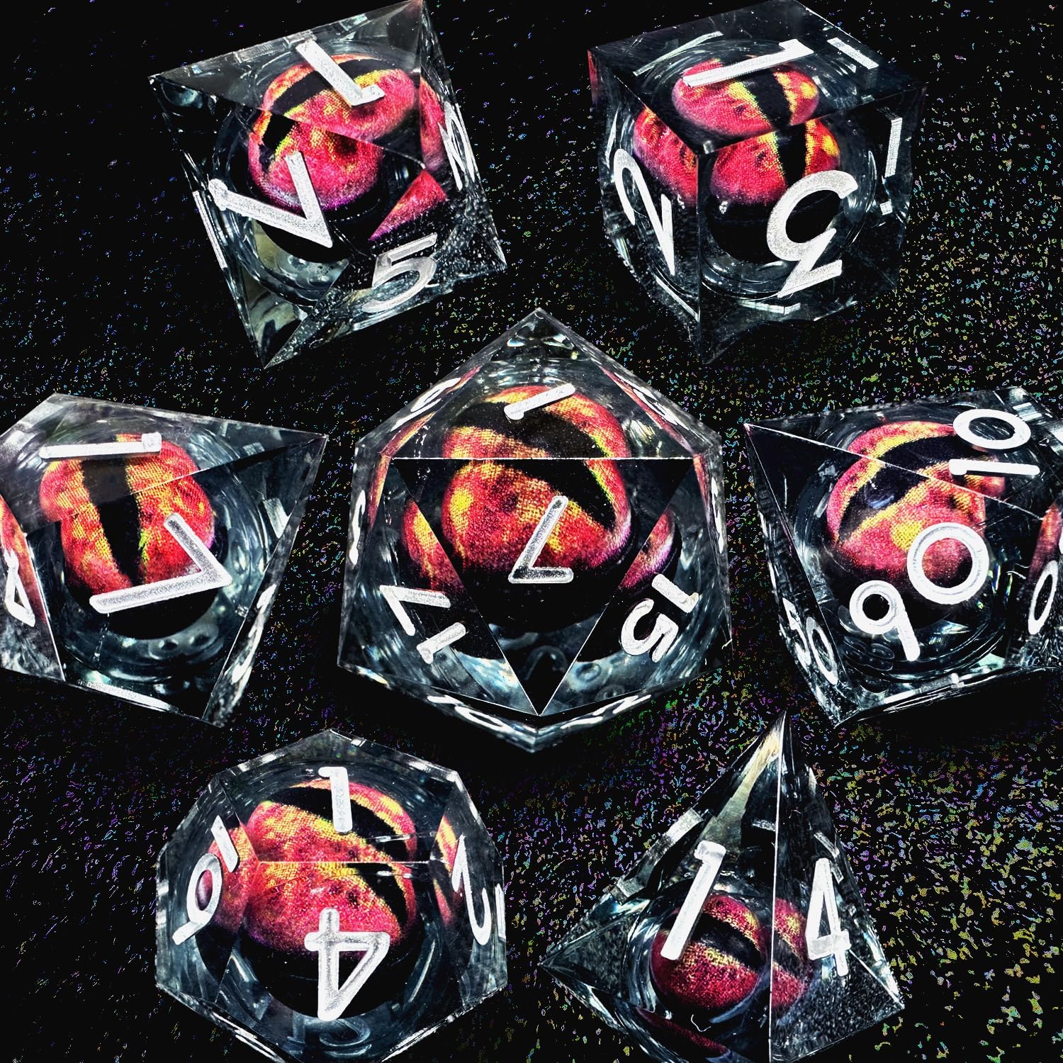 HAOMEJA Resin Dragon Eye DND Dice Set D&D 7 Pcs Resin Sharp Edge Role Playing Dice with Dragon Eye Dice Bag, Polyhedral Dungeons and Dragons Dice D20 D12 D10 D100 D8 D6 D4(Black & Eye Red)