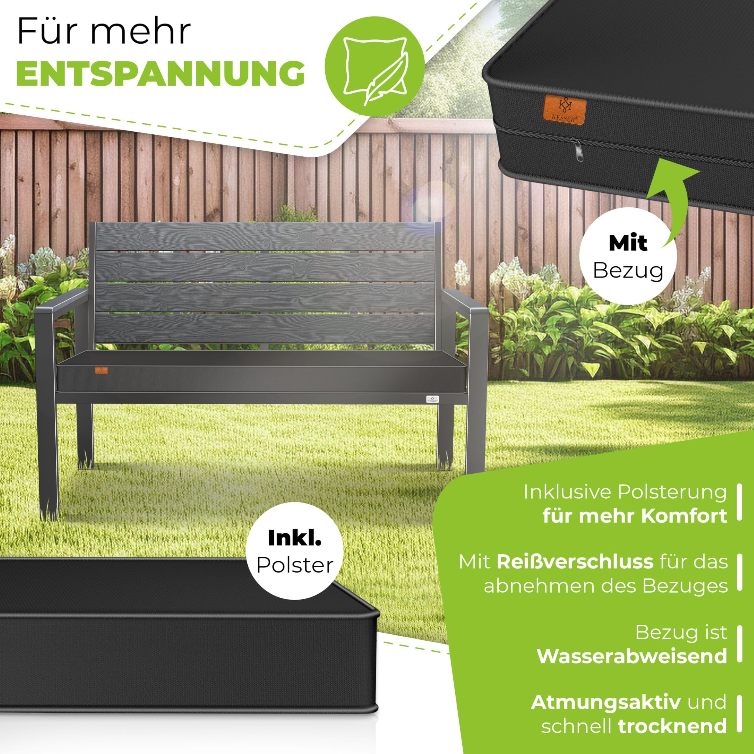 KESSER® Gartenbank mit Kissen – Sitzbank Wetterfest 2-Sitzer Parkbank in Holzoptik Balkonbank für Garten Terrasse Balkon bis 300 kg belastbar UV-beständig inkl. abnehmbarem & waschbarem Polsterbezug