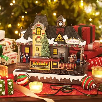 Valery Madelyn Christmas Village House Decorations, Battery Operated Train Station with Music, LED Lights and Moving Train, for Christmas Home Gift Decor, Vintage Christmas Hometown, 11.6 Inch