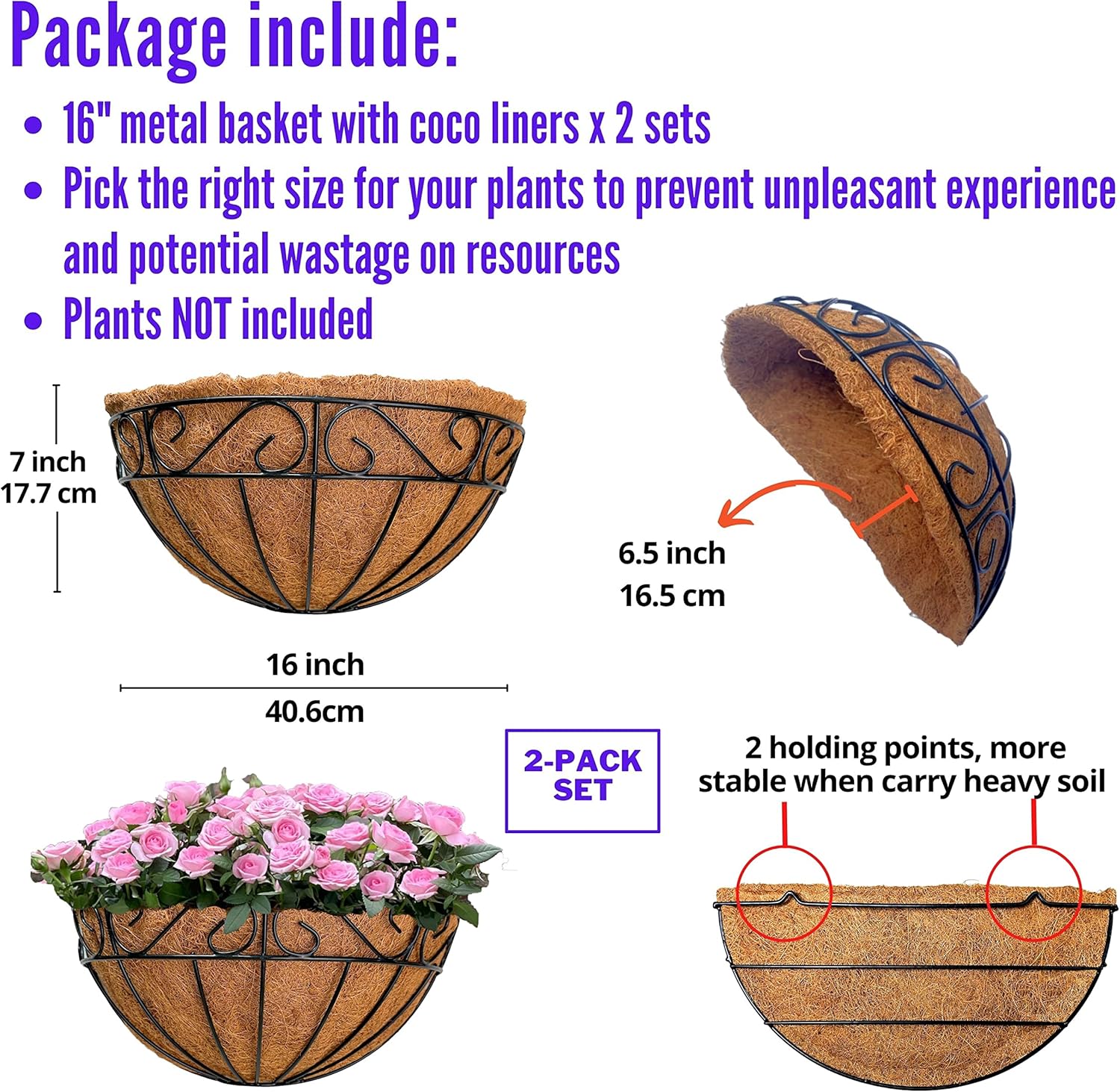 LaLaGreen 16 Inch Wall Hanging Planters - 2 Pack, Large Wall Mounted Flower Basket with Coco Liner, Black Metal Horse Trough Window Herb Pot Holder Outdoor Plants Fence Rail Railing Deck Porch Balcony