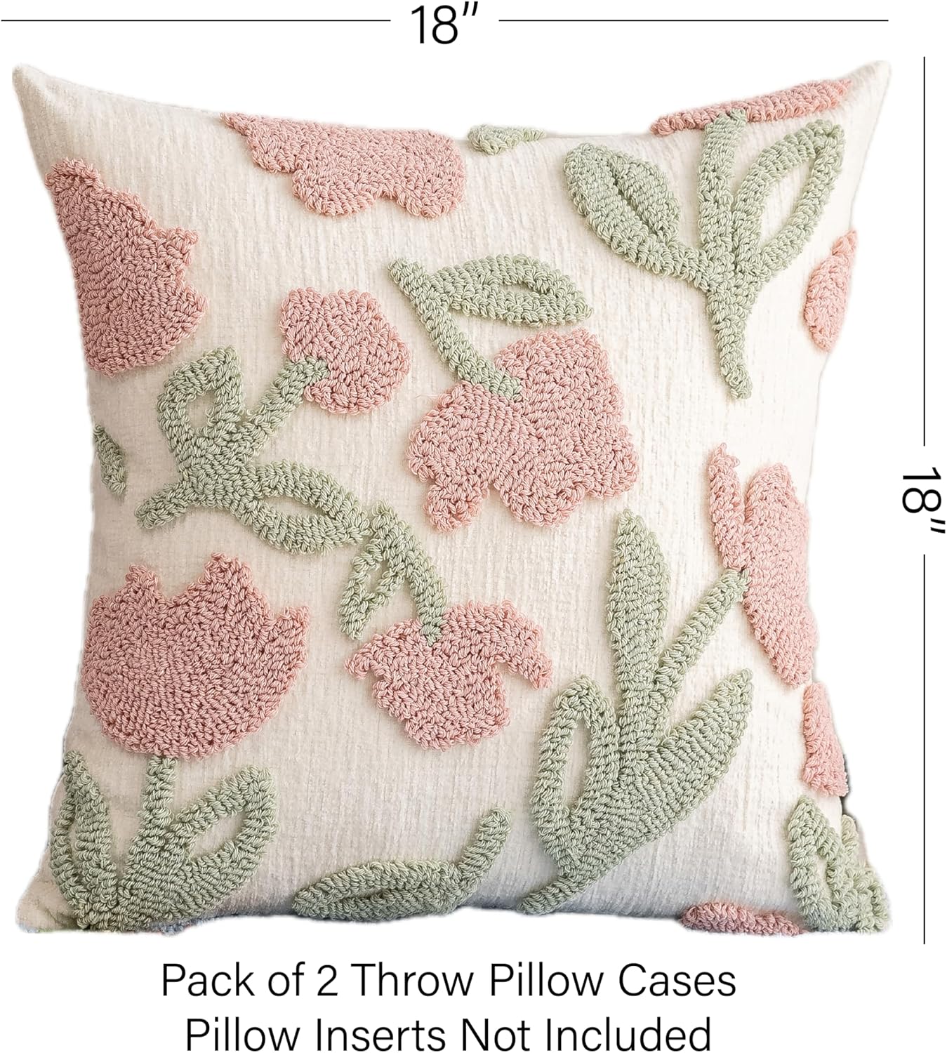 Pink Floral Embroidered Throw Pillow Covers 18" x 18" Set of 2, Farmhouse Flowers Green Leaves Tufted Patterned Cushion Cases for Couch Bed Living Room Decor