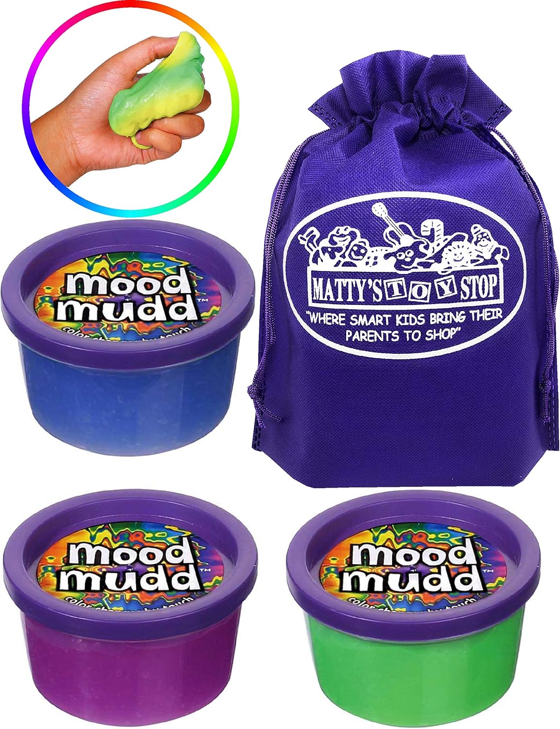 Toysmith Mood Mudd (Heat Sensitive & Color Changing Slime/Putty) Gift Set Party Bundle with Bonus Matty's Toy Stop Storage Bag - 3 Pack (Assorted Colors)