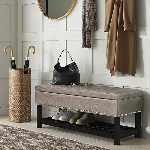 Miniatura 2 de SIMPLIHOME Lomond - Banco otomano rectangular tradicional de almacenamiento de 44 pulgadas de ancho en piel sintética vegana gris topo envejecida,