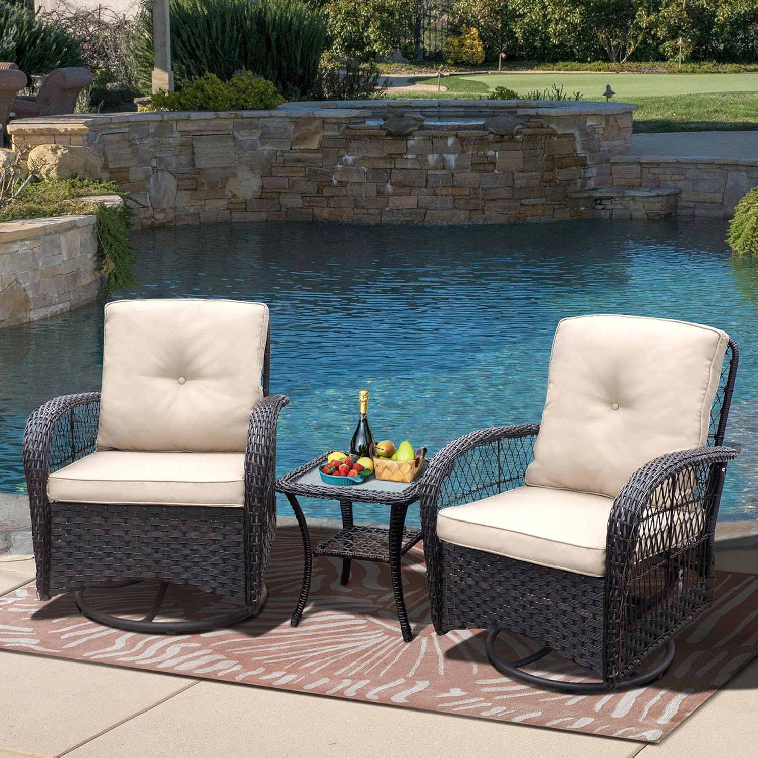 BABYLON Outdoor Wicker Swivel Patio Bistro Conversation Set, 360° Swivel Rocker Wicker Chairs Set of 2 and Matching Tempered Glass Coffee Table