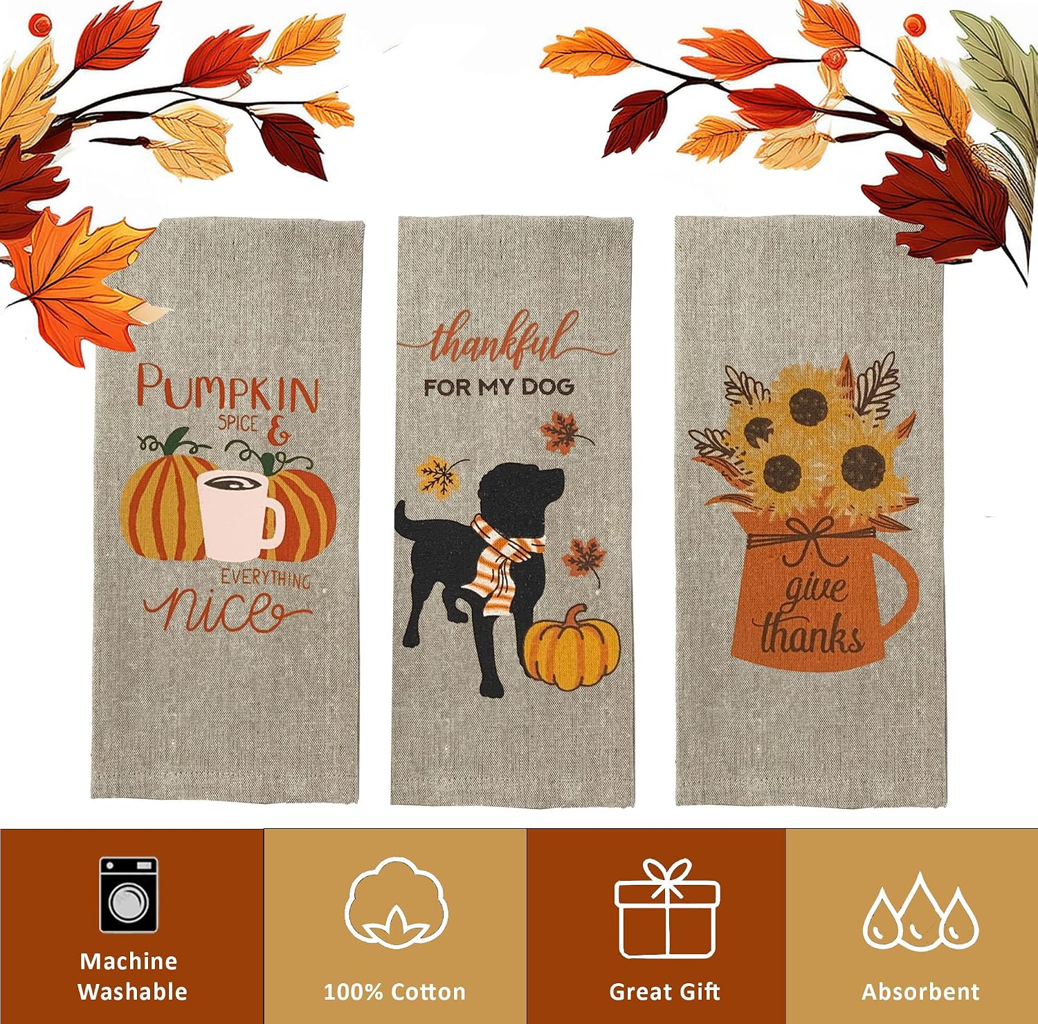 fillURbasket Fall Kitchen Towels Set Autumn Dish Towels Pumpkin Decor Harvest Thanksgiving Flour Sack Towels 15”x 25” 100% Cotton