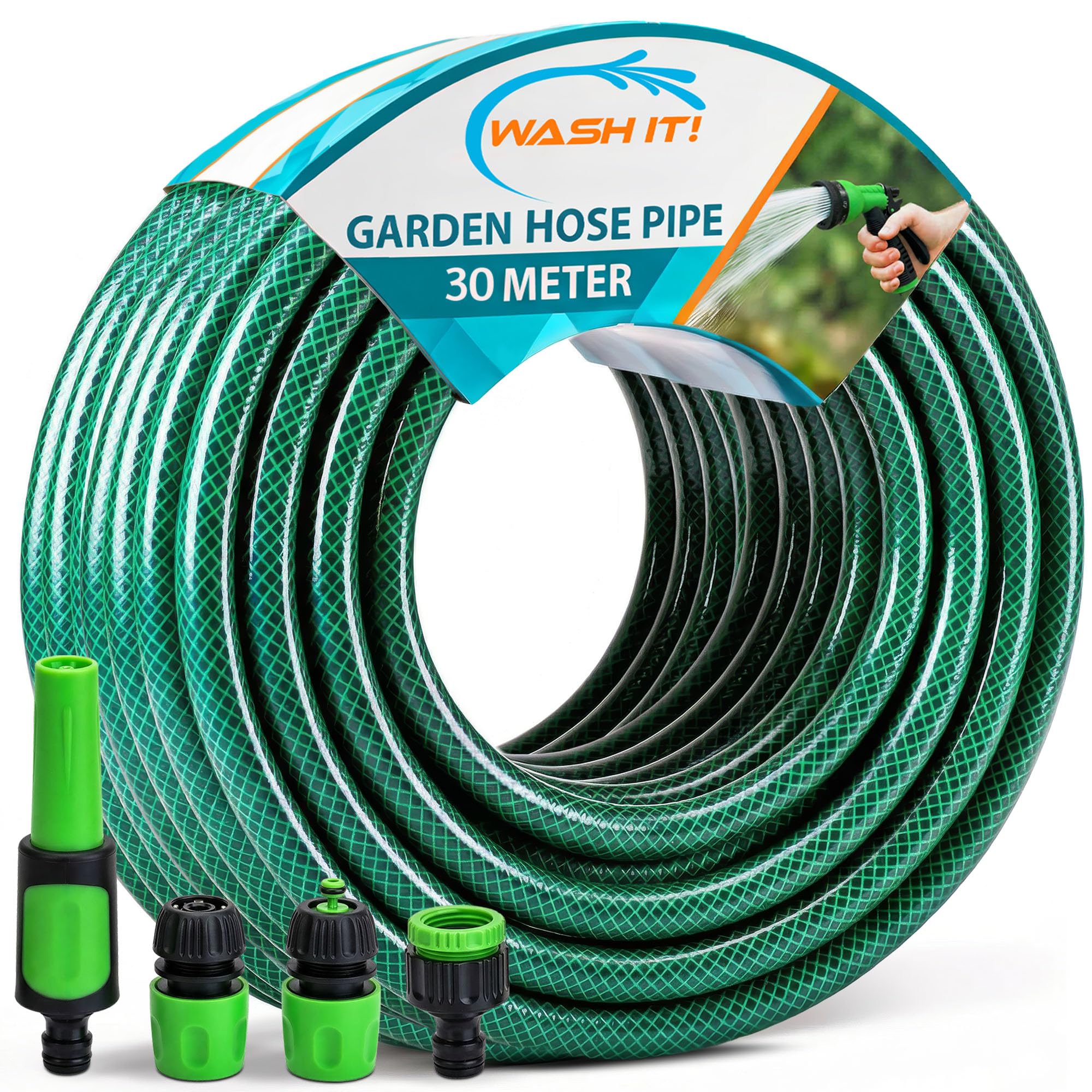 5pc Garden Hose Pipe with Connectors and Adjustable Spray Nozzle Fitting - Reinforced Weatherproof Garden Hosepipe with Hose Nozzle and Hosepipe Connectors for Car Washing and Plant Watering (30m)