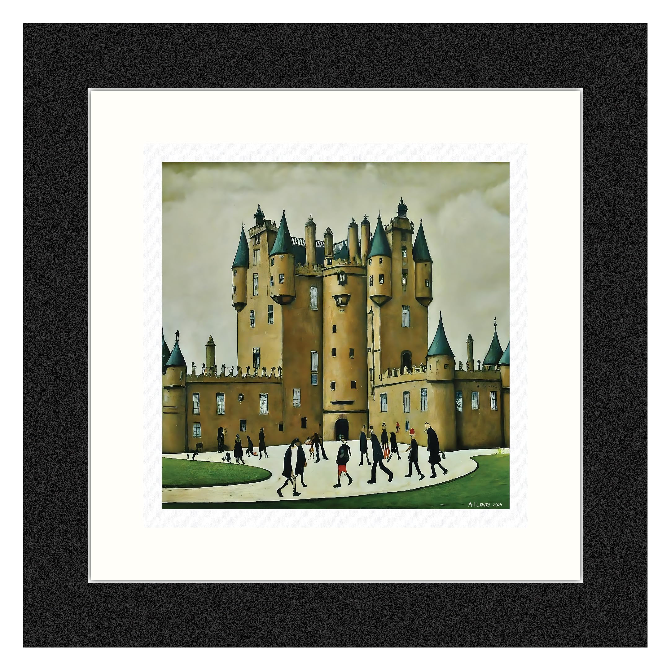 Greetingles Lowry-Style 12"/31cm Square Framed Print. Beautiful Black Ash Frame (Lowry, Glamis Castle) — image 1