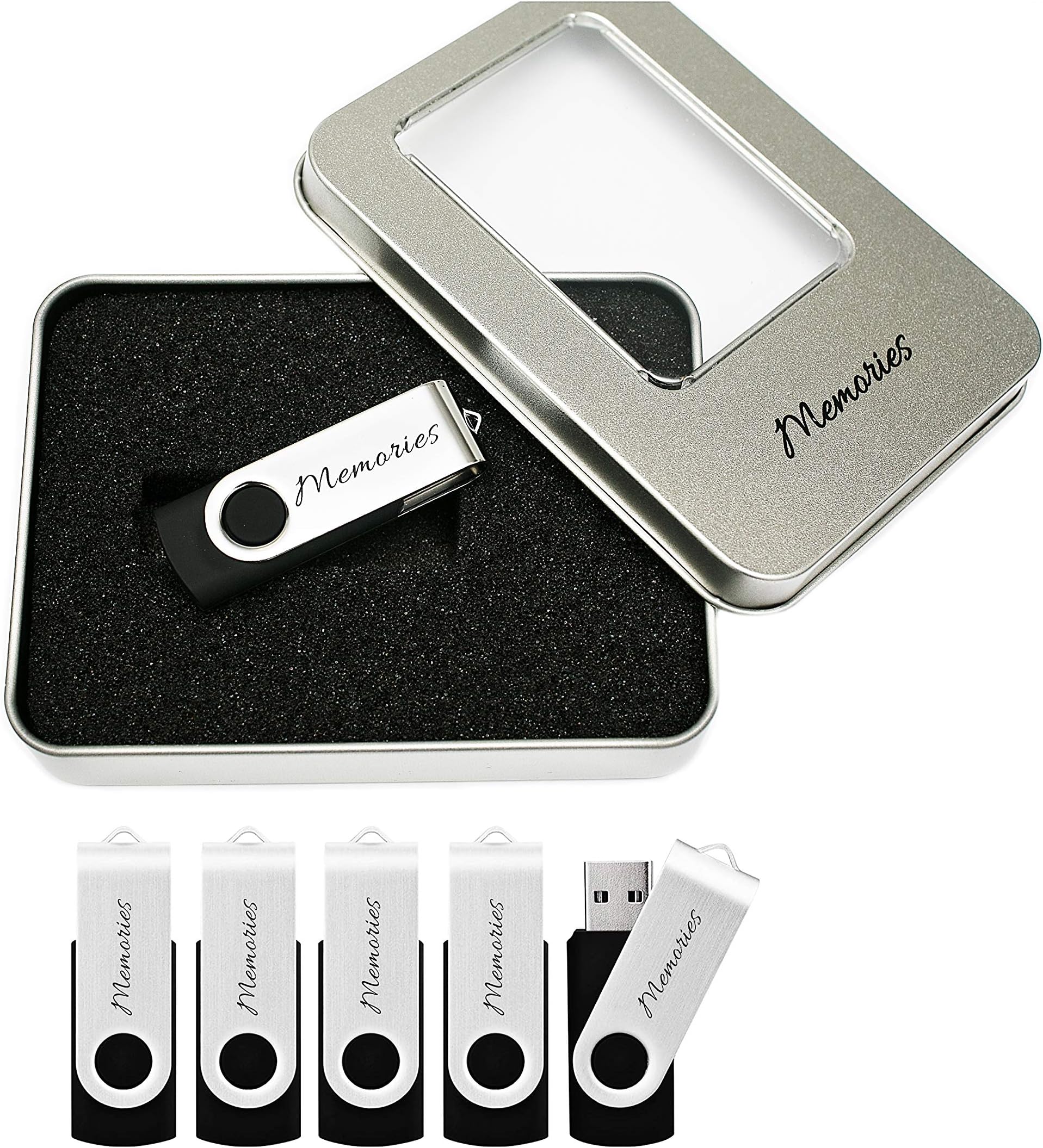 32GB Storage USB Flash Drive 3.0 with Tin Case/Box Set of 5 Thumb Drive Package. Flash Drive and Case for Weddings, Memories, Videos Perfect for Professional Photographers (Memories Label)