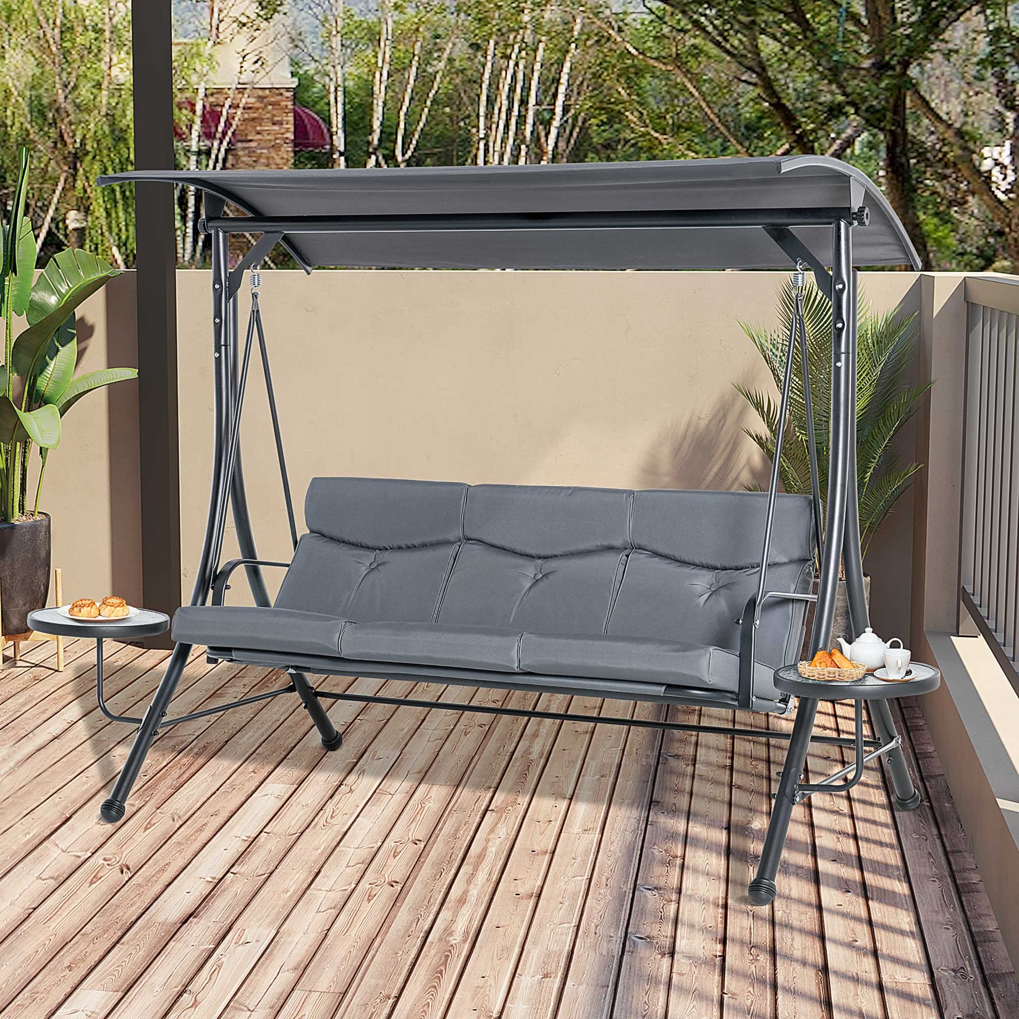 Outsunny Hollywoodschaukel mit Couchtische, 3-Sitzer Gartenschaukel mit verstellbarem Sonnendach, Schaukelbank belast bis 300kg, für Garten, Terrasse, 271 x 125 x 172 cm, Grau