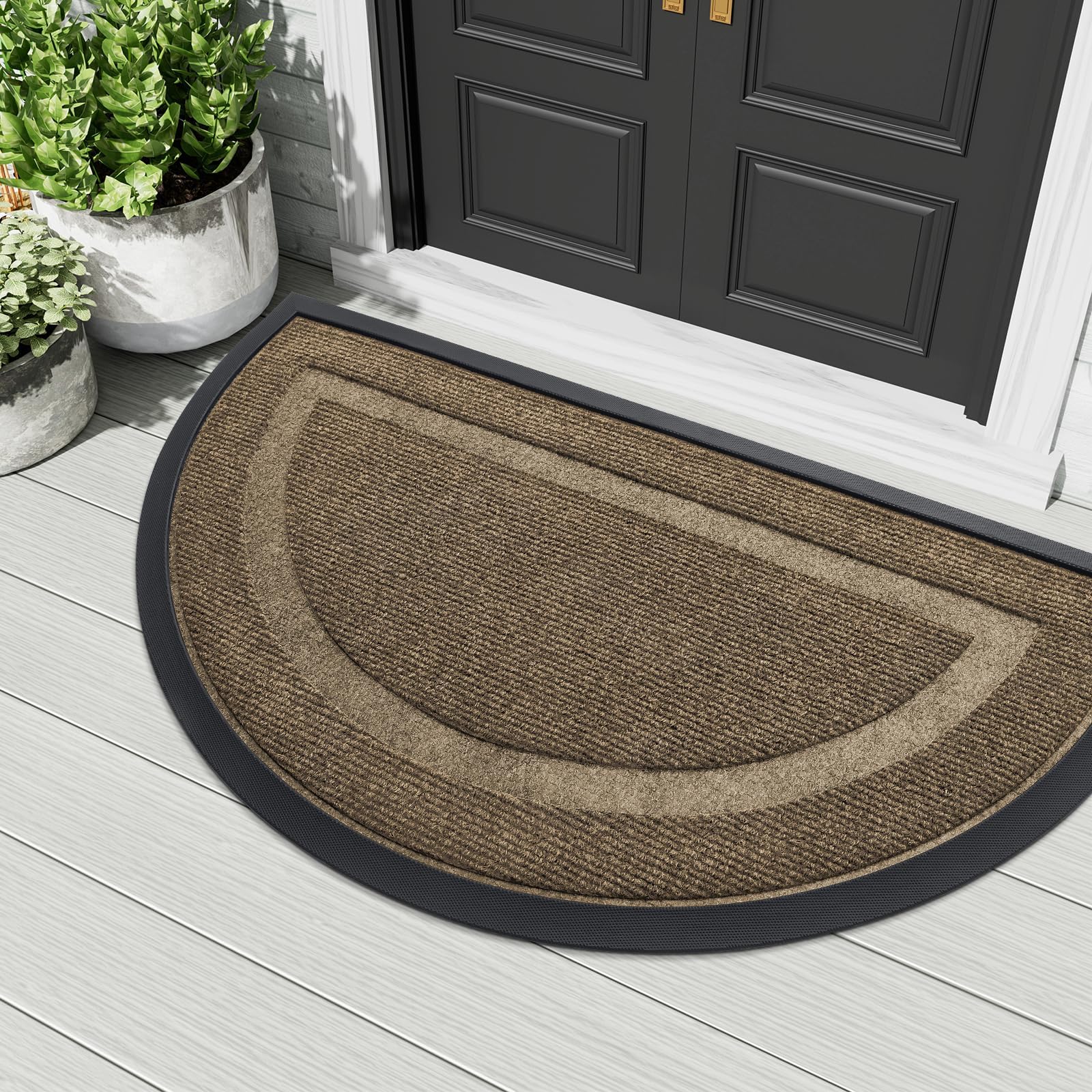 OLANLYHalf Circle Door Mat Indoor Outdoor Entrance Welcome, Waterproof All-Season, All-Weather Doormat, Sturdy Natural Rubber, Low Profile, Easy Clean Patio Porch Entryway Mat, 29.5x17, Brown